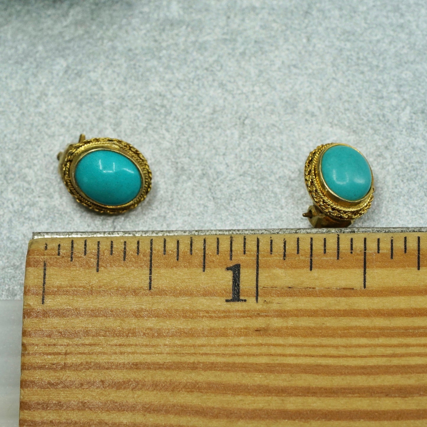 gold over Sterling 925 silver handmade earrings, oval clip on with turquoise