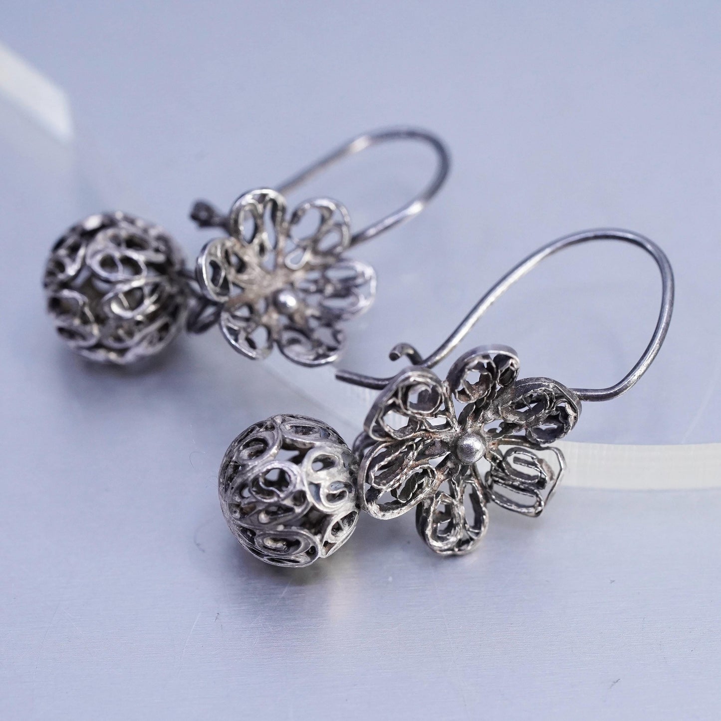 Vintage Sterling 925 silver handmade filigree flower and bead earrings