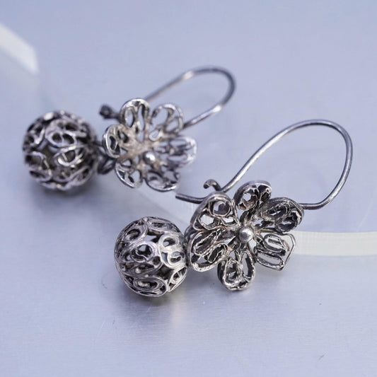 Vintage Sterling 925 silver handmade filigree flower and bead earrings