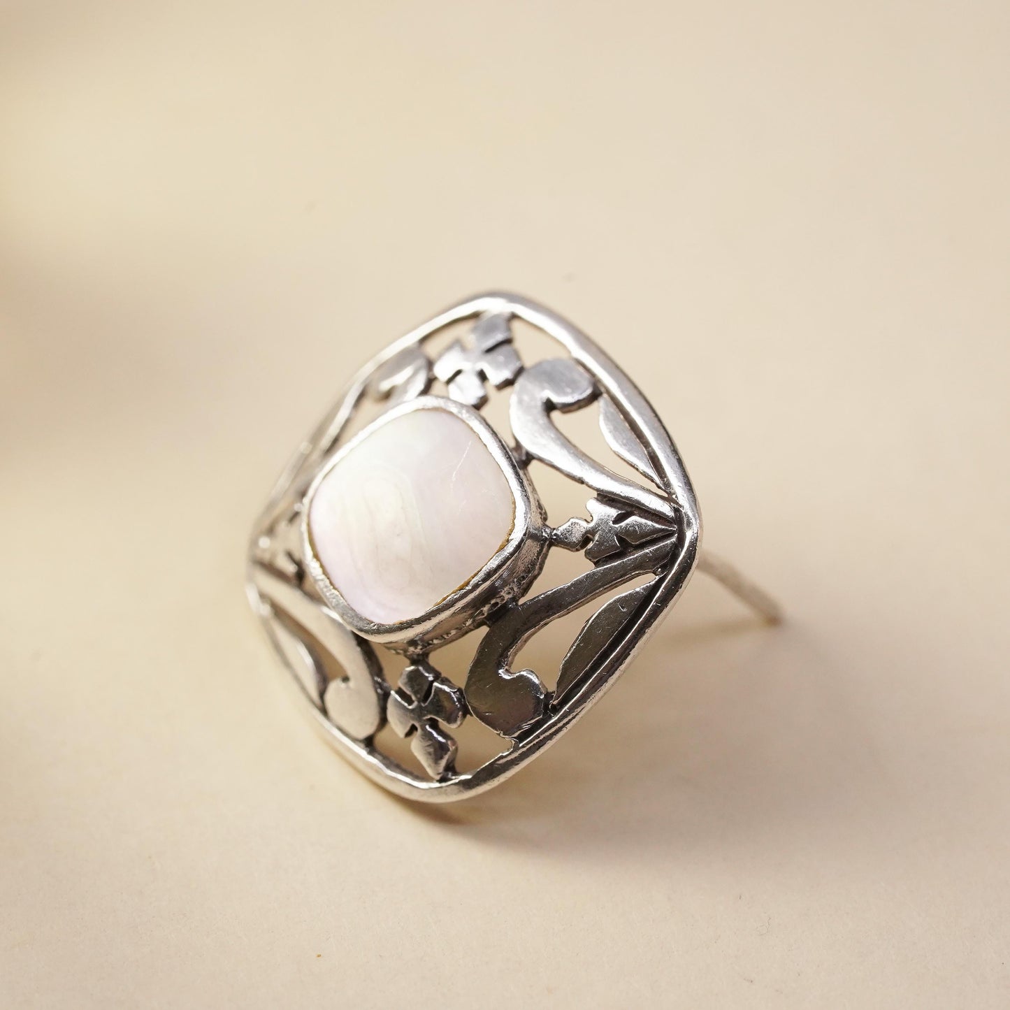 Vintage single earring. Sterling 925 silver square stud with mother of pearl