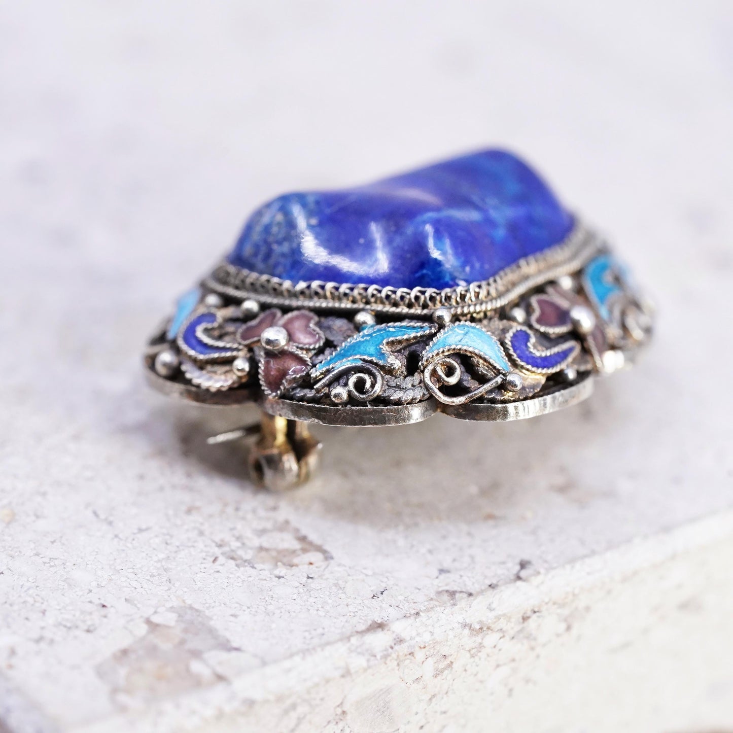 gold tone sterling silver brooch, 925 filigree pin with enamel and lapis lazuli