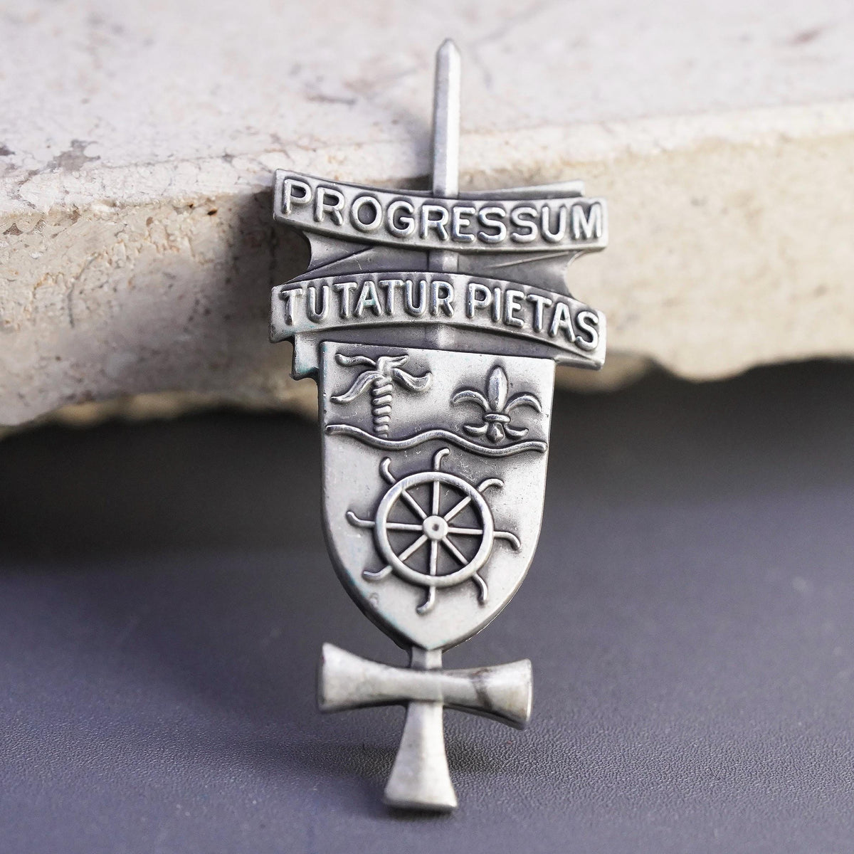 Sterling Silver Progressum Tutatur Pietas Brooch, Shield Fleur de Lis Ship Wheel