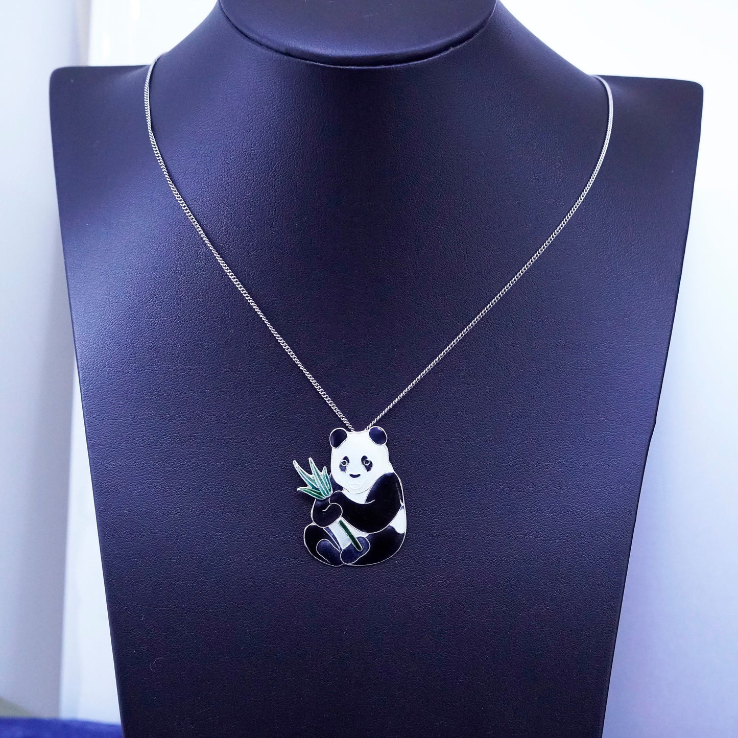 16+4”, sterling silver handmade necklace, 925 curb chain enamel panda pendant