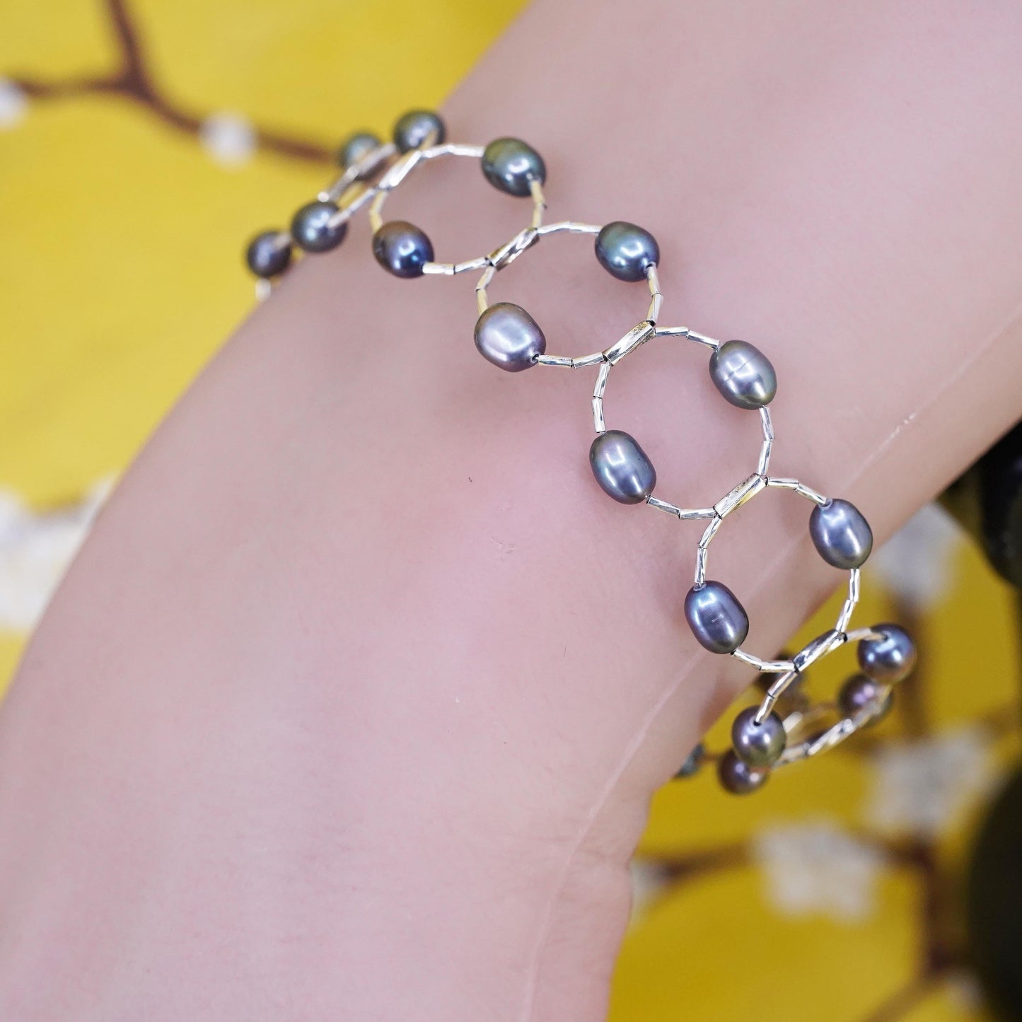 7" Vintage handmade genuine black pearl beads bracelet, sterling 925 silver