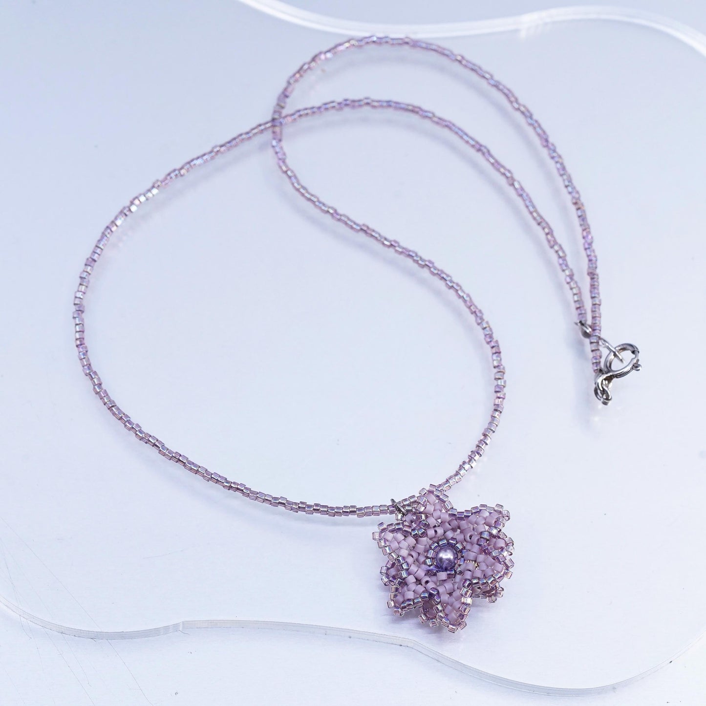 17", Sterling necklace, 925 Silver beads with lavender purple Crystal flower