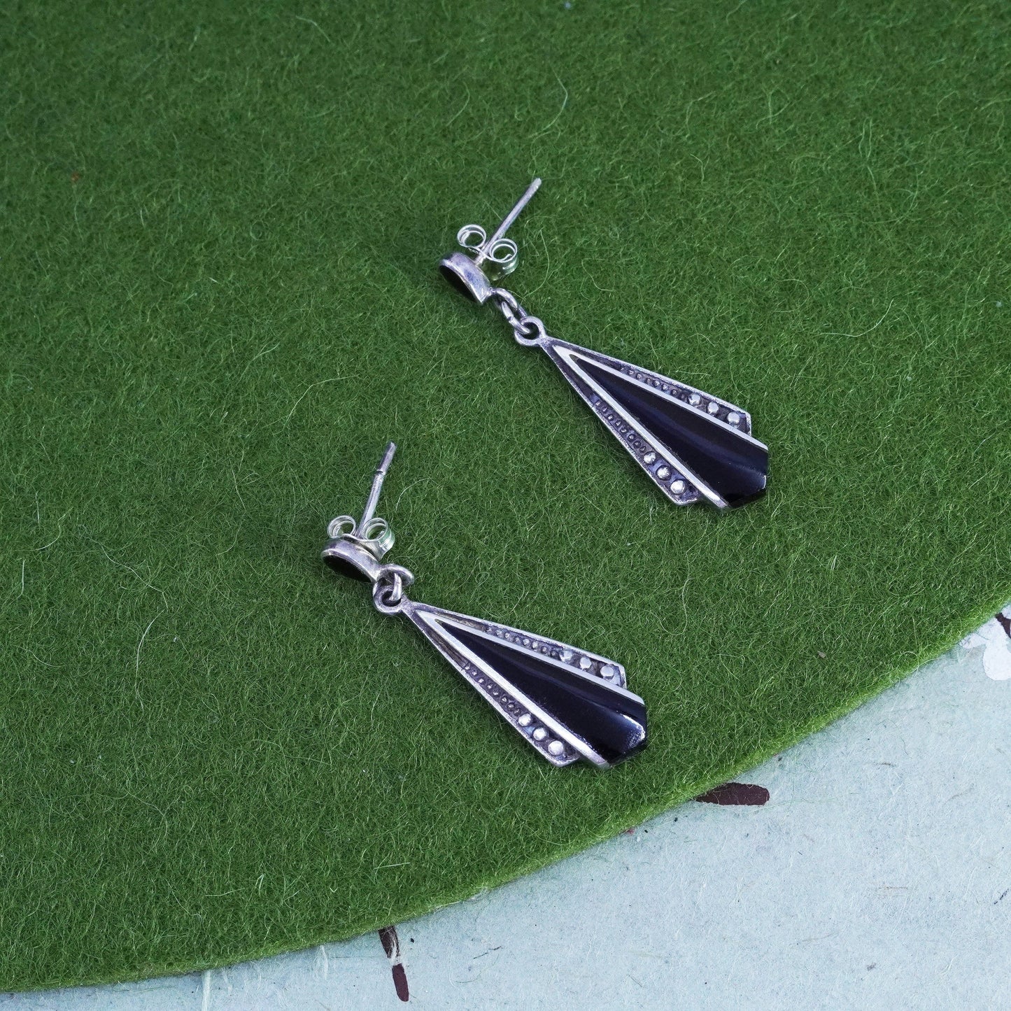 Vintage sterling 925 silver handmade earrings with onyx beads