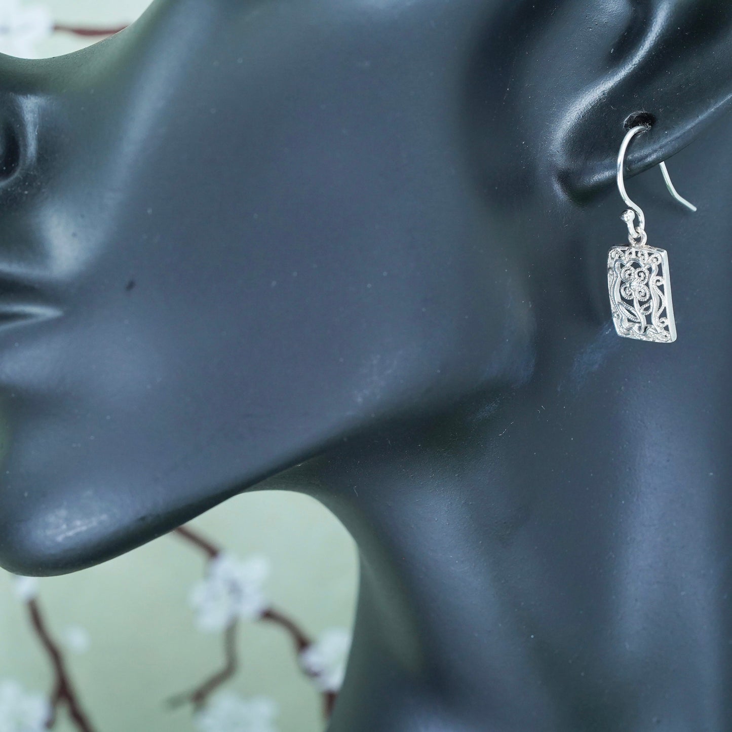 Vintage Sterling silver handmade earrings, 925 filigree rectangular dangles