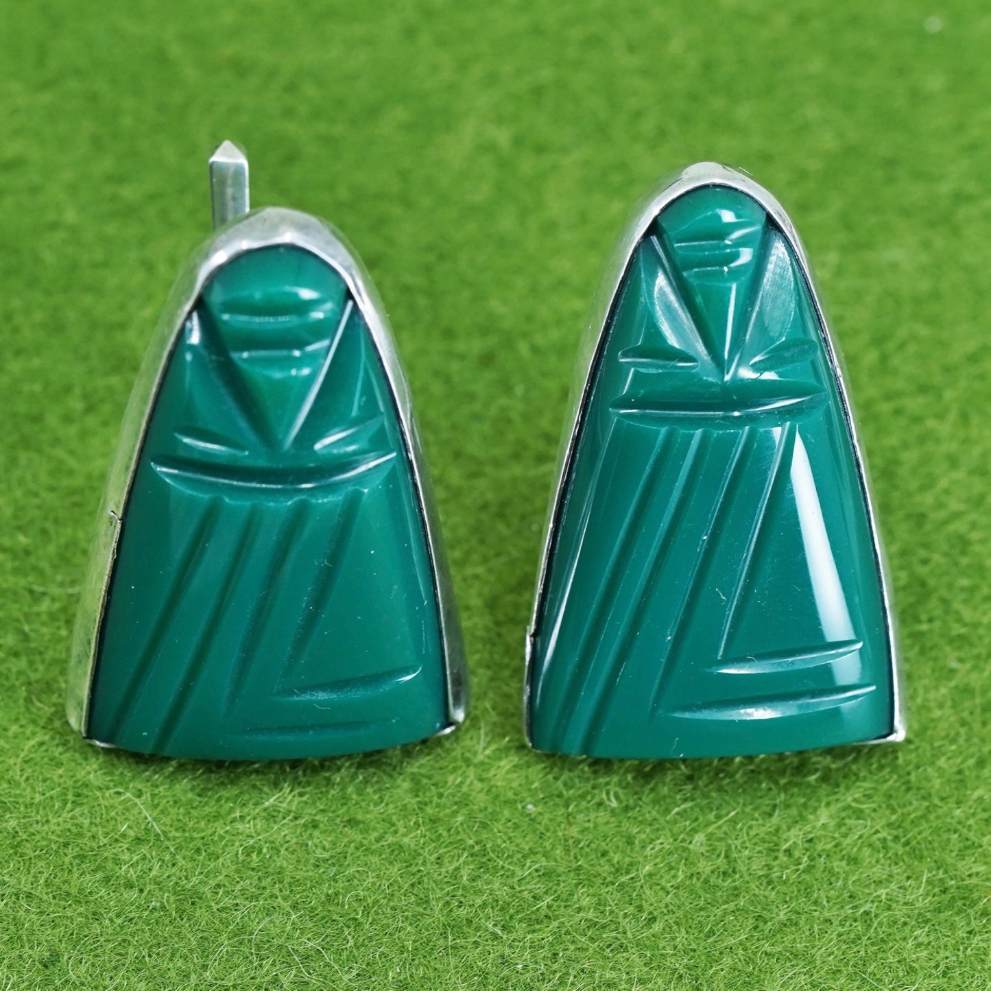vtg Mexican Sterling 925 Silver cufflinks Carved Green Stone Warrior Aztec Maya