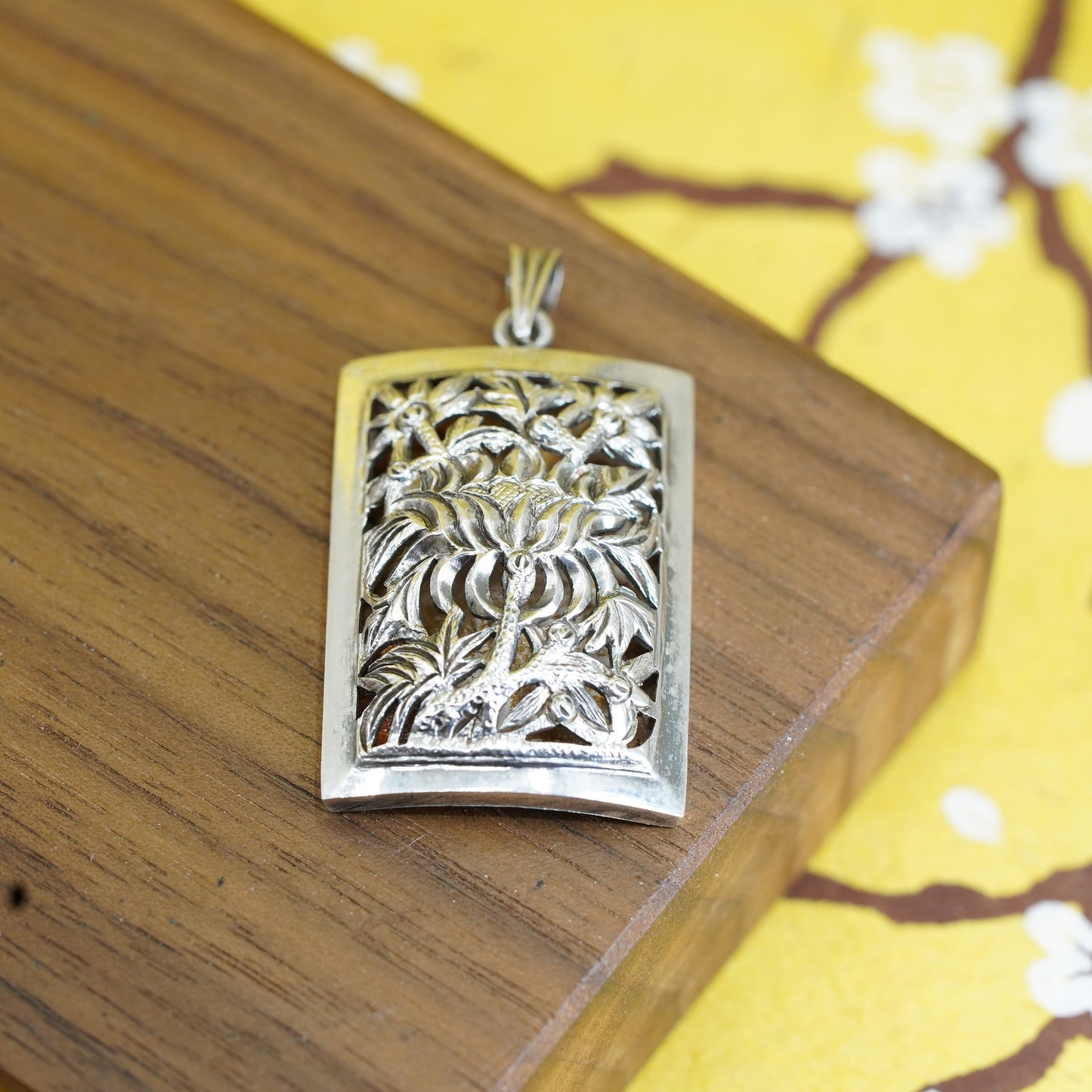 Vintage Sterling Silver Handmade Pendant, 925 filigree carved flower