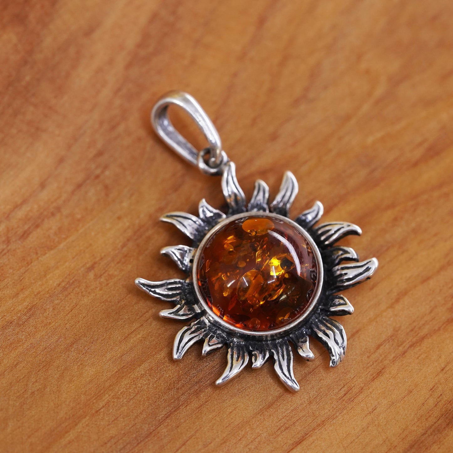 Vintage Sterling 925 silver handmade Sun pendant with Amber
