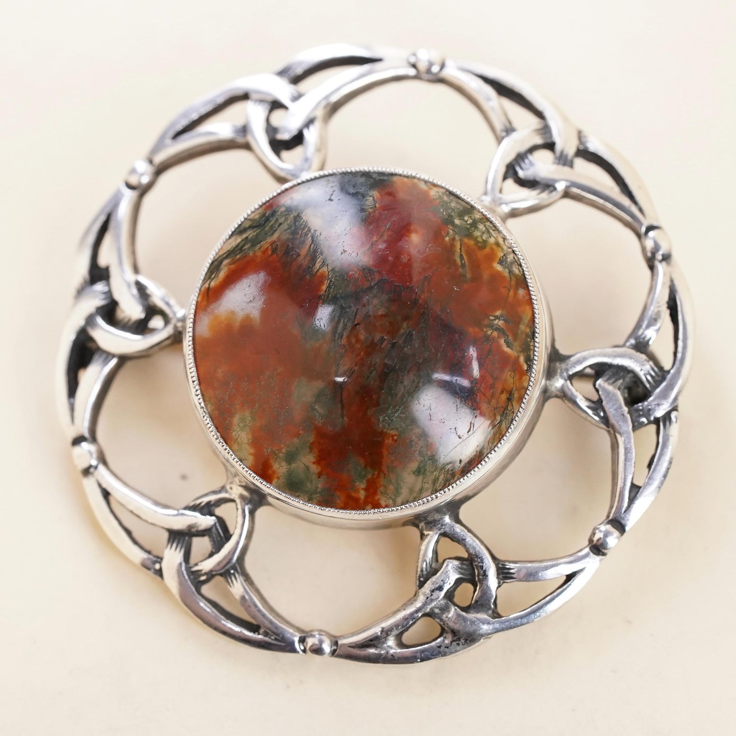 Scottish Sterling Silver Moss Agate Brooch, Celtic Knot Circle Pin, jewelry