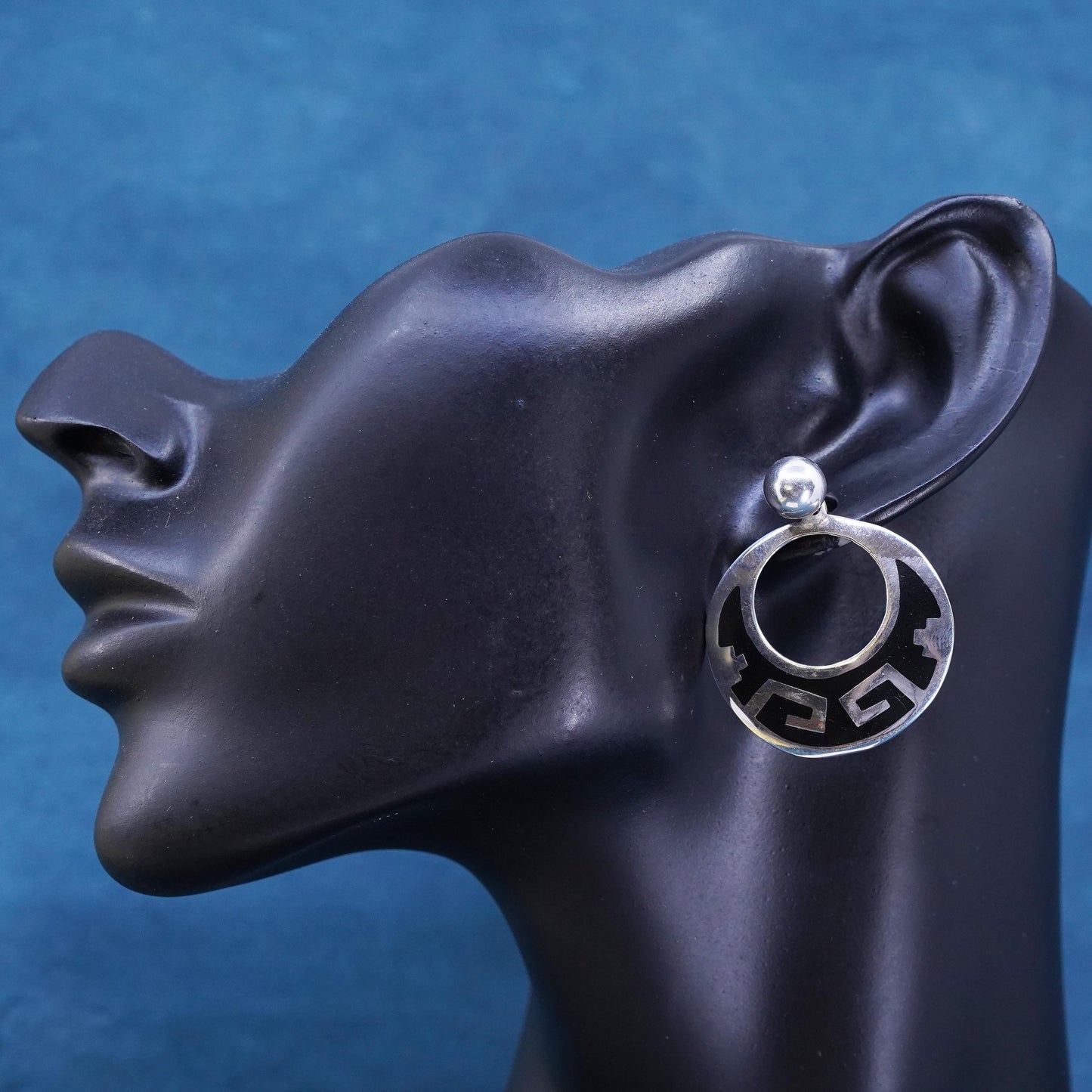Vintage Mexican Sterling Silver Earrings. 925 circle dangles enamel Greek key