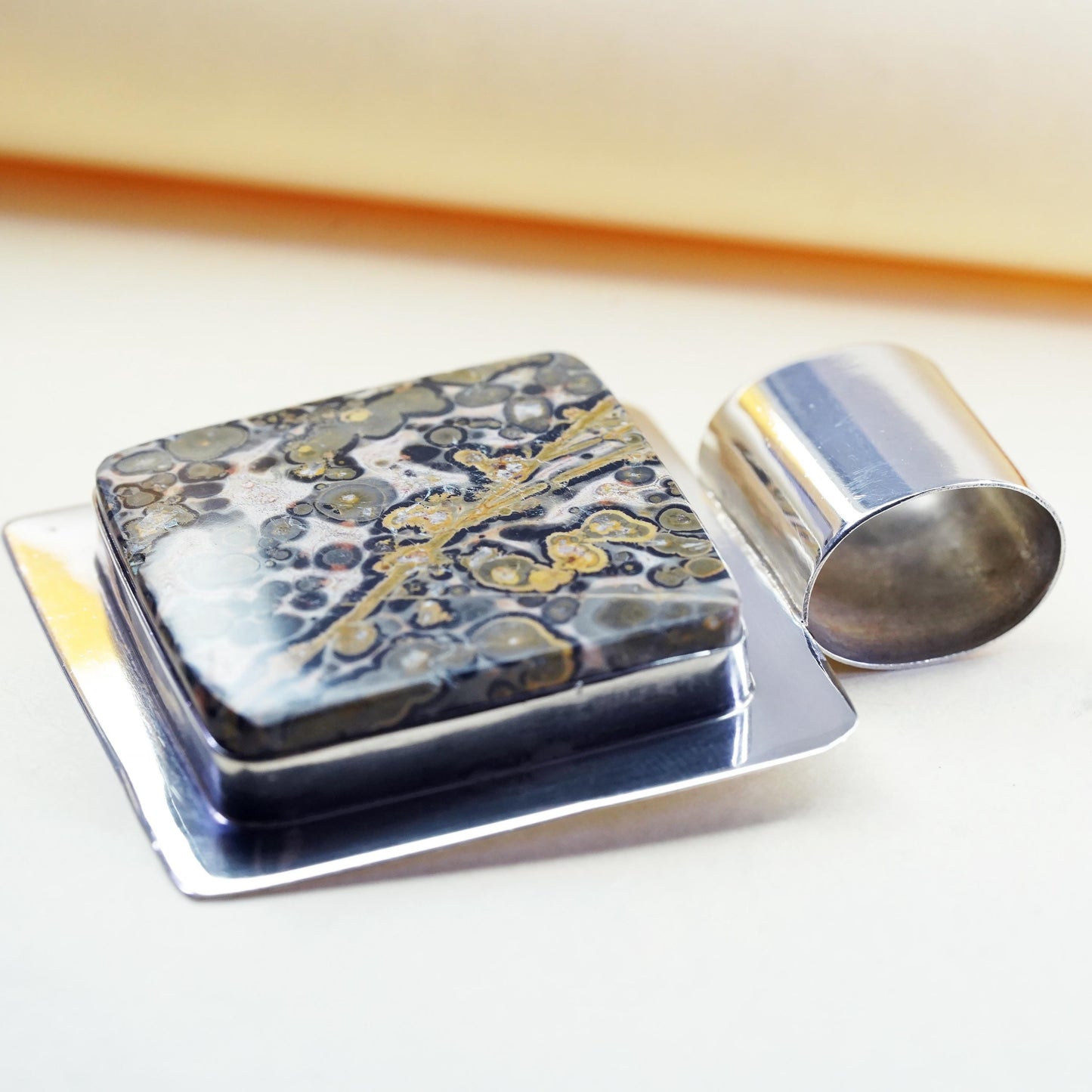 Vintage Mexican sterling 925 silver handmade huge pendant with square jasper