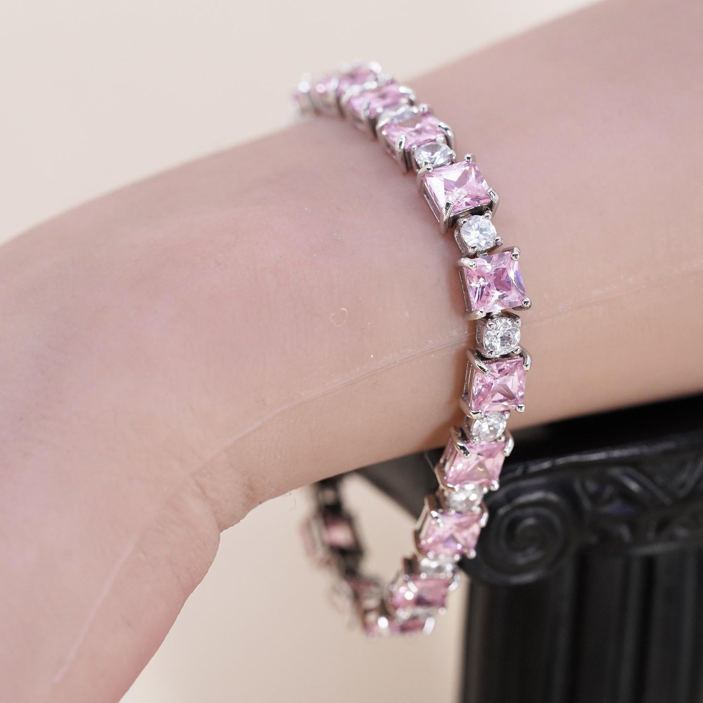 7", Vintage Sterling 925 silver tennis bracelet with square pink cz