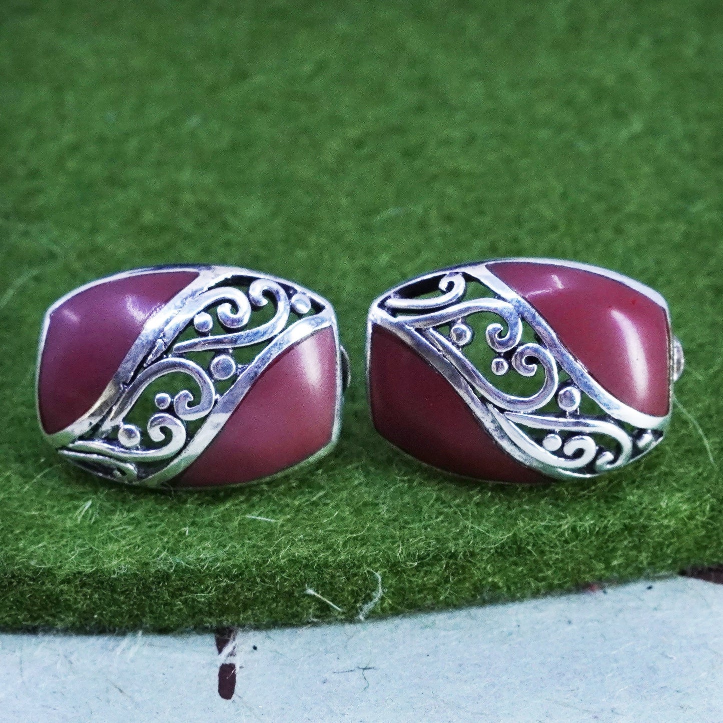 Vintage sterling silver handmade earrings, 925 studs with red onyx and filigree