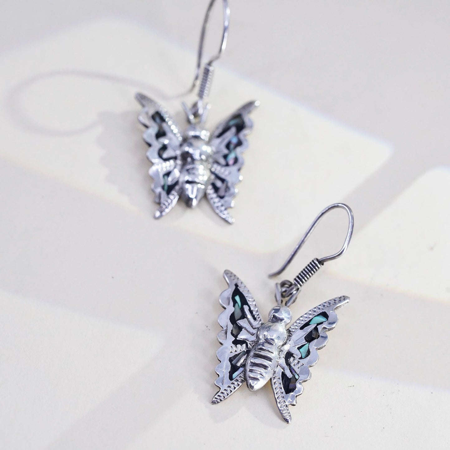 Vintage Mexican sterling silver handmade earrings, 925 butterfly with abalone