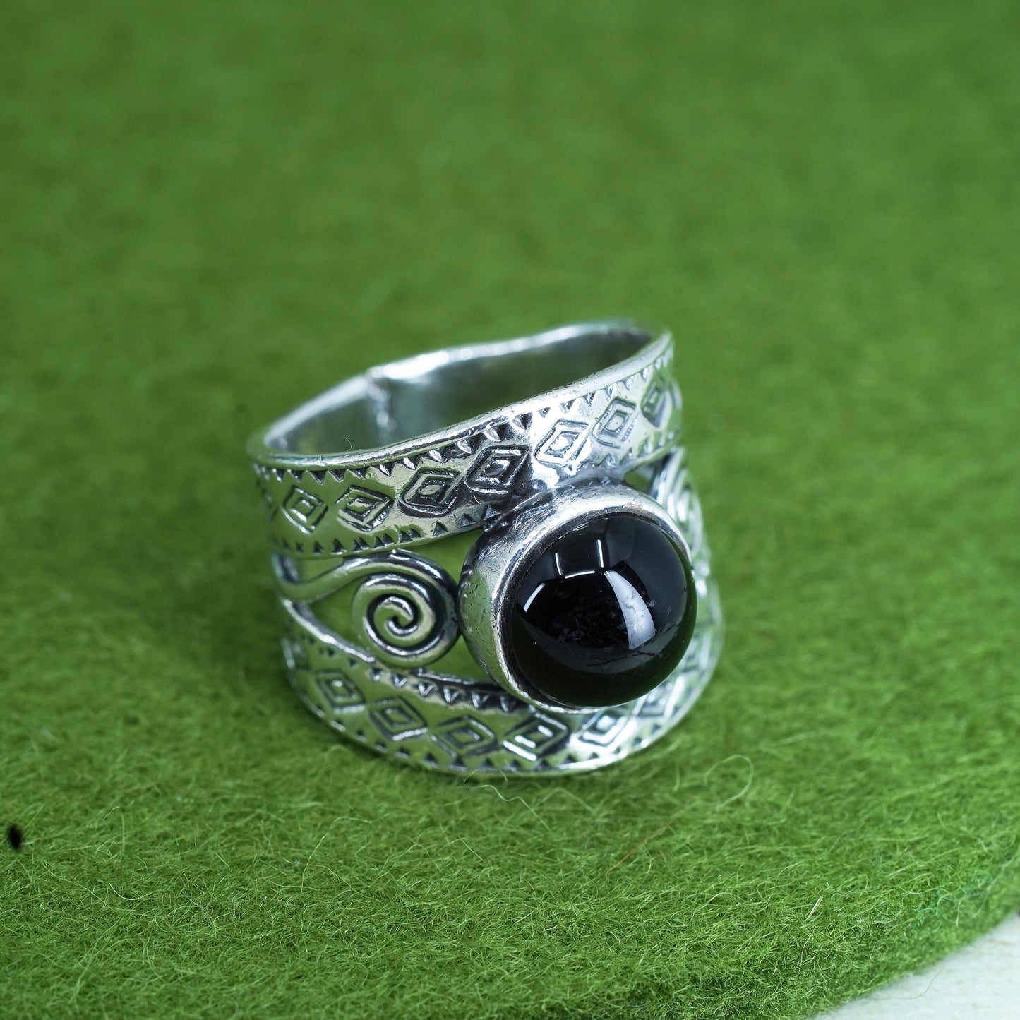 Size 7, sterling silver handmade ring, Mexico 925 ring with round obsidian