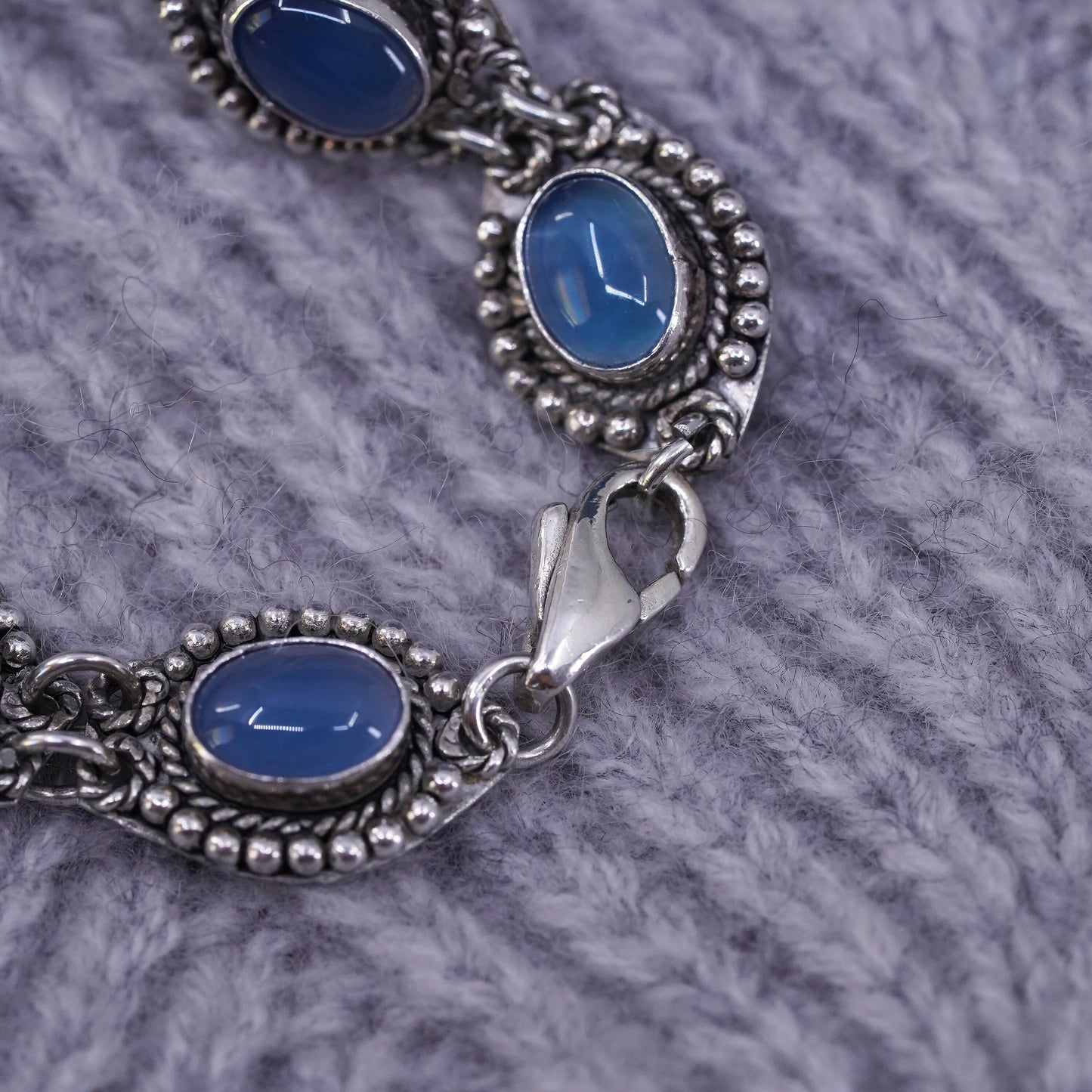 6.75", Sterling silver handmade bracelet, 925 beads links chain blue crystal