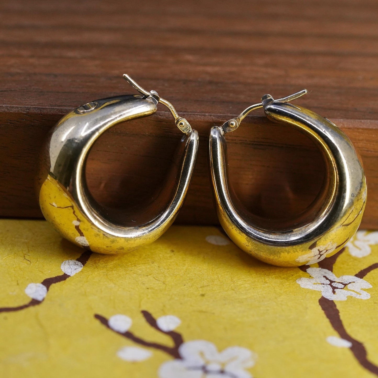 1", Italia vermeil gold plated Sterling silver earrings, 925 puffy chunky hoops