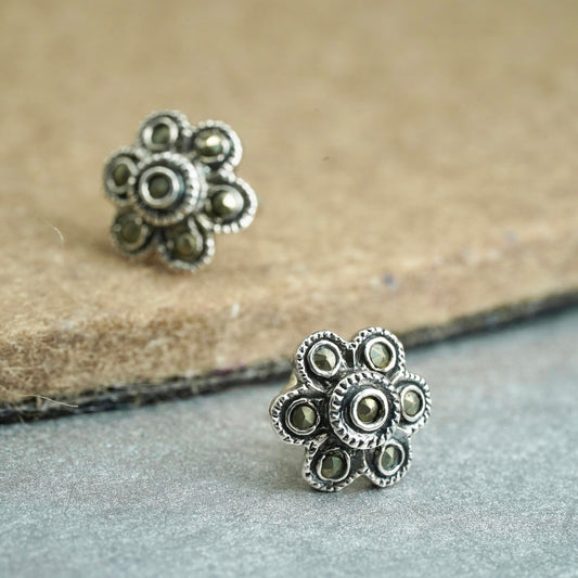 Vintage Sterling 925 silver handmade flower earrings, studs with Marcasite