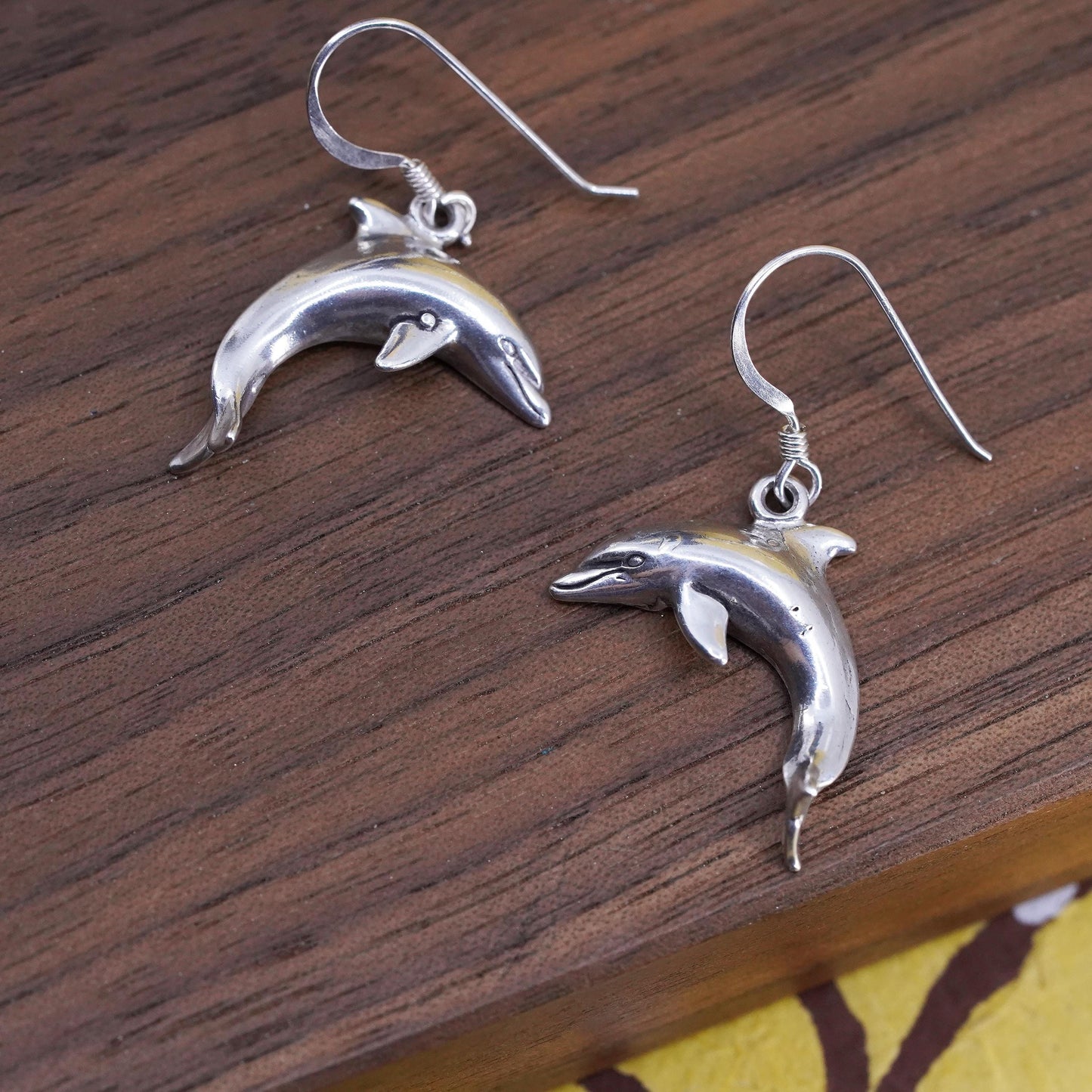 Vintage Sterling silver handmade earrings, 925 dolphin dangles