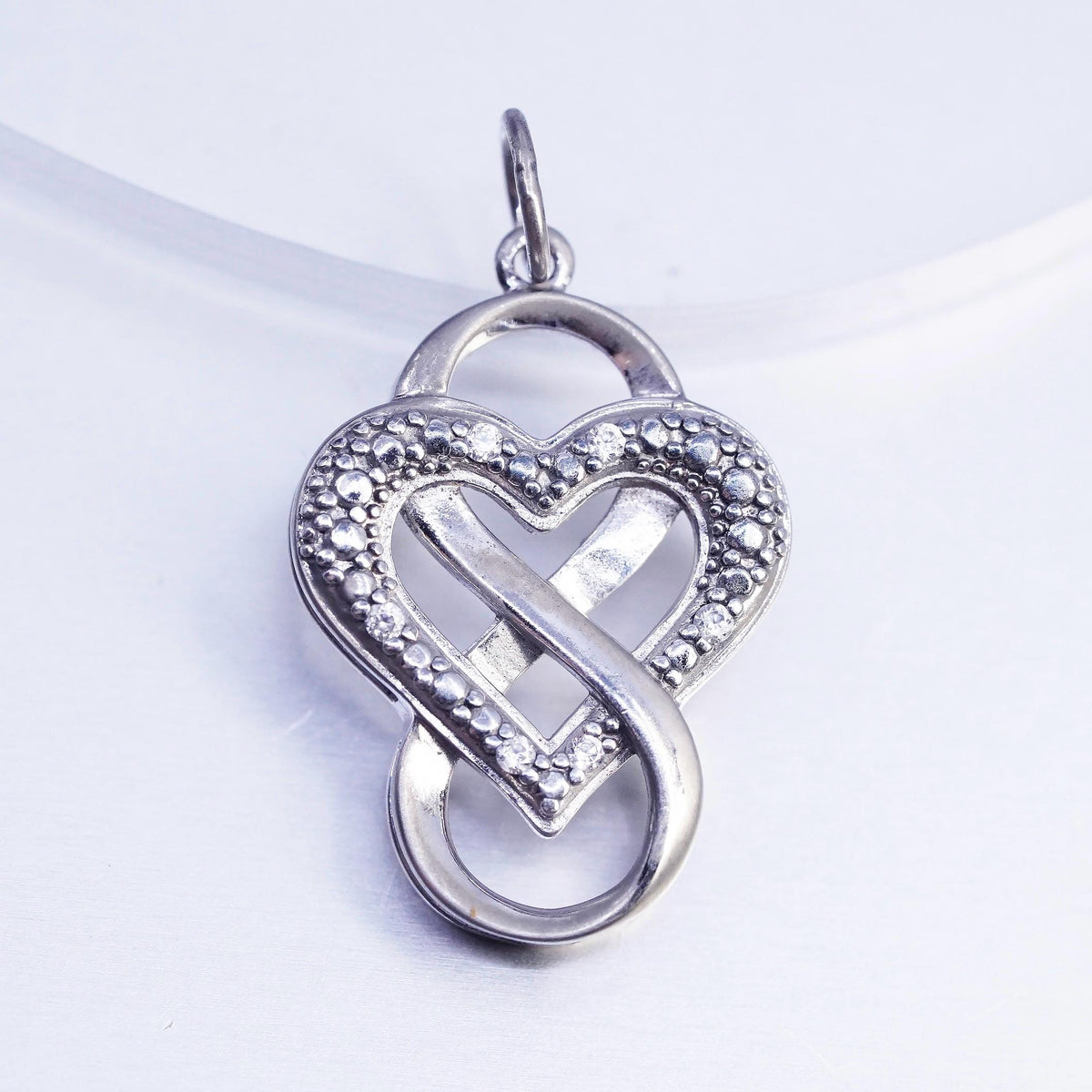 Vintage Sterling Silver Diamond Heart Infinity Pendant, 925 Love Knot Eternity