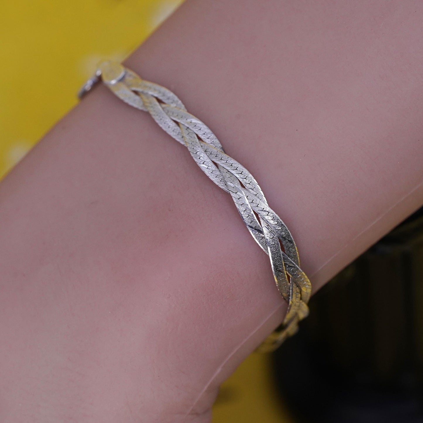 7", Vintage Sterling silver braided woven herringbone bracelet, Italy 925 chain