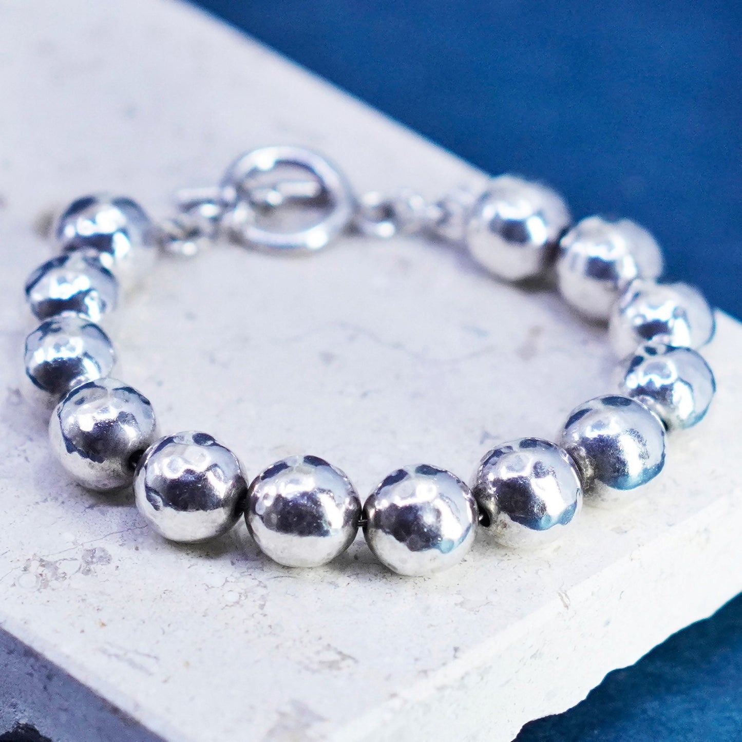 7”, Sterling 925 Silver handmade bold 11mm beads Bracelet with toggle closure