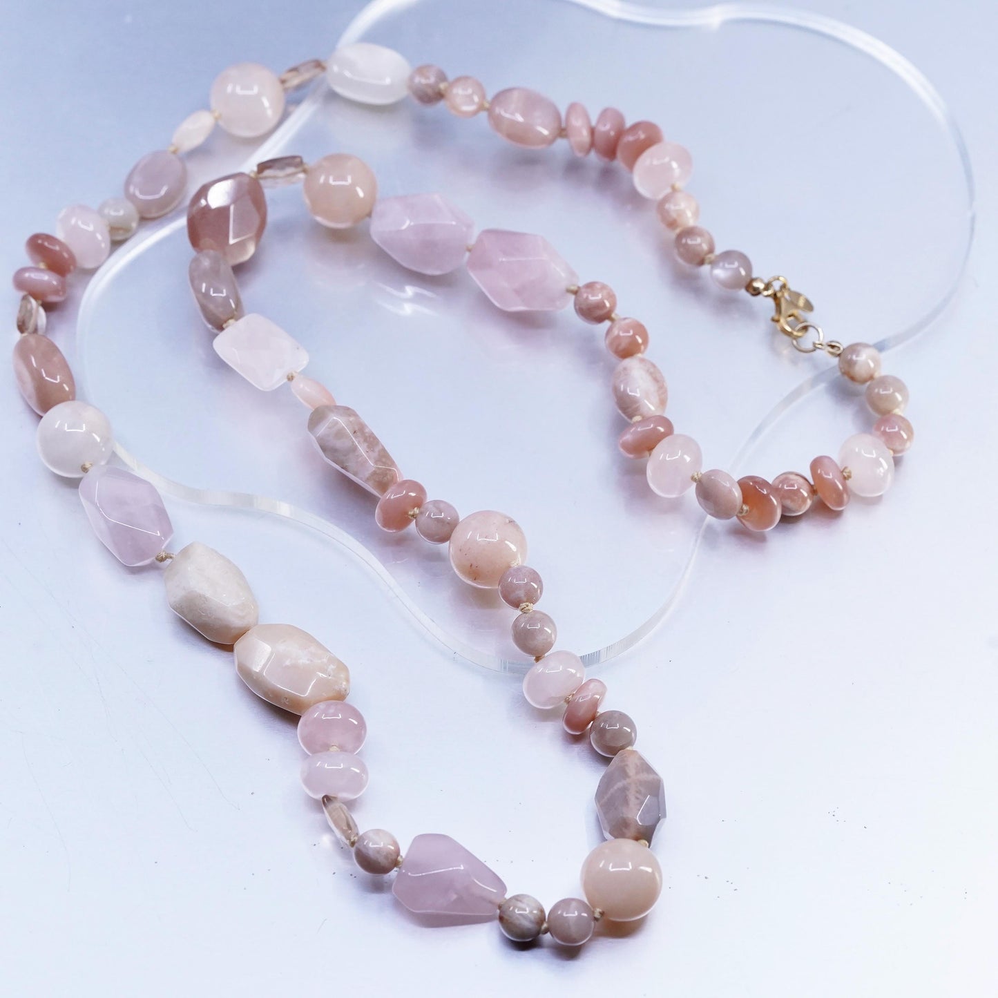 30", Pink Rose Quartz agate Beads necklace gold plated sterling 925 silver