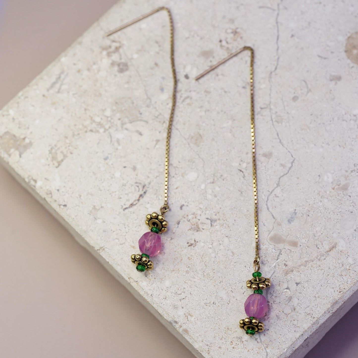 Vintage gold plated Sterling 925 silver handmade earrings pink crystal beads