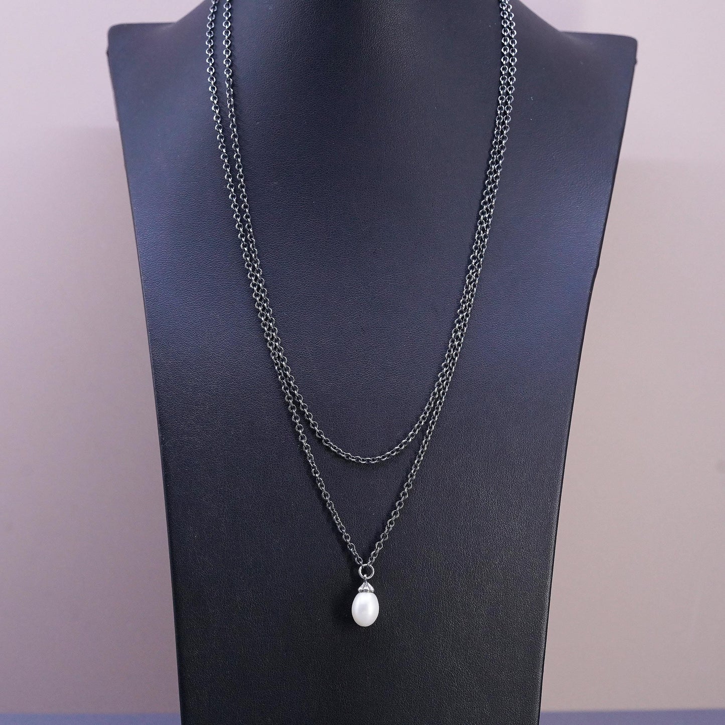 40" Sterling silver extra long sweater necklace, 925 teardrop pearl pendant