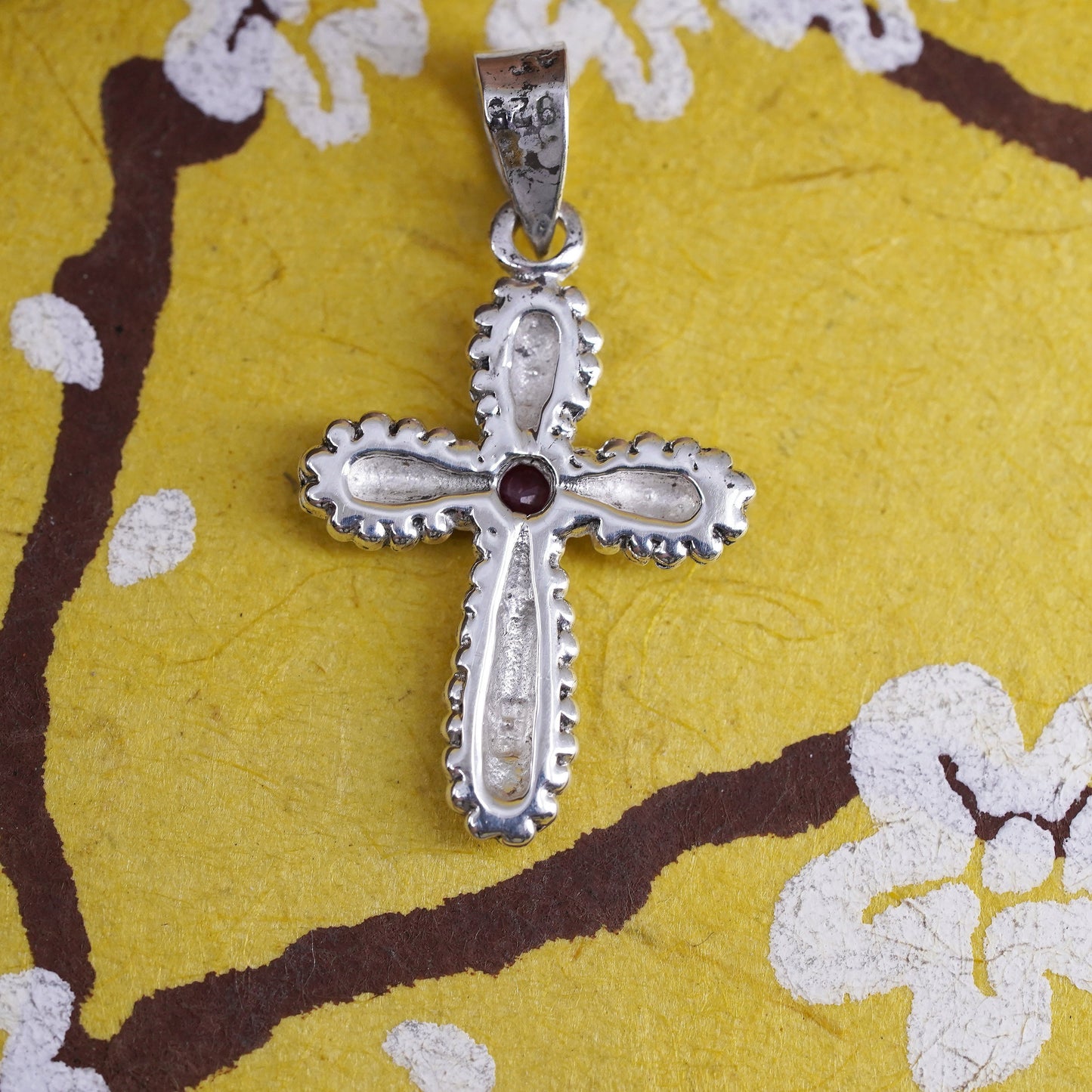Vintage Sterling silver handmade pendant, 925 cross with Ruby and beads details