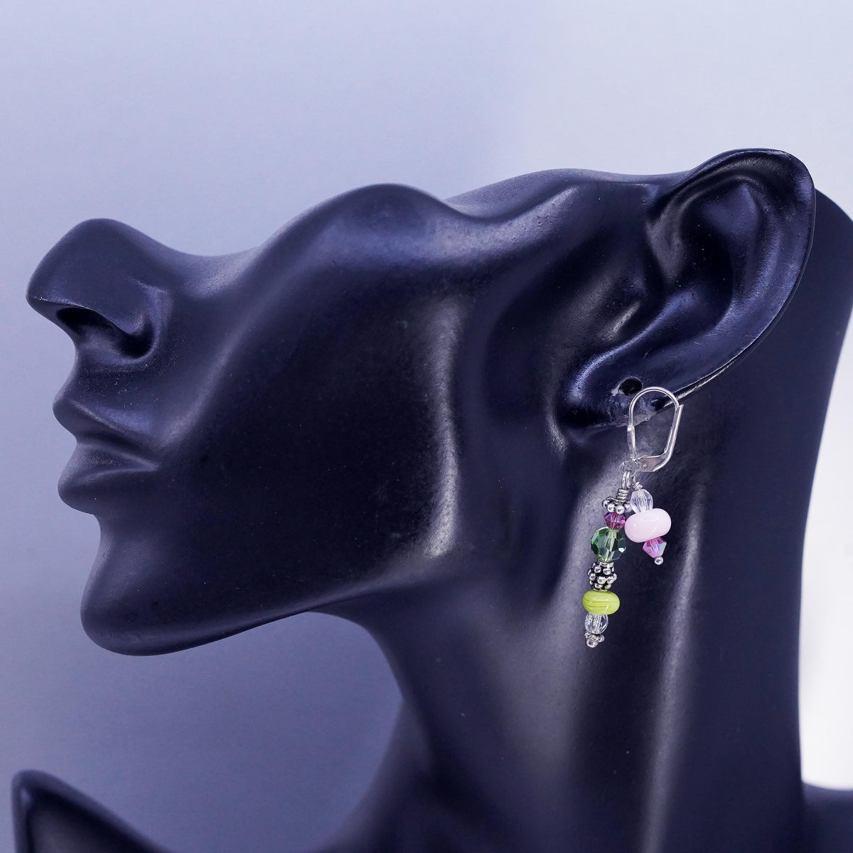 Vinatge sterling silver earrings, 925 lever back hooks with pink green beads