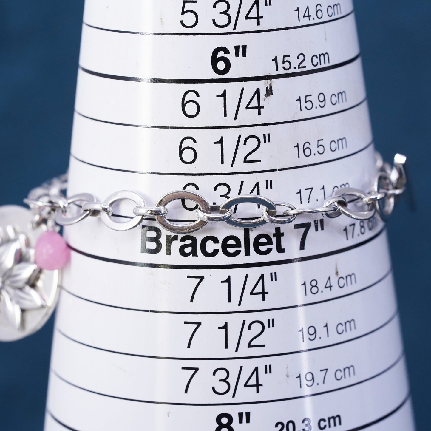 6.75", Sterling silver bracelet, 925 flatten circle chain lotus flower charm