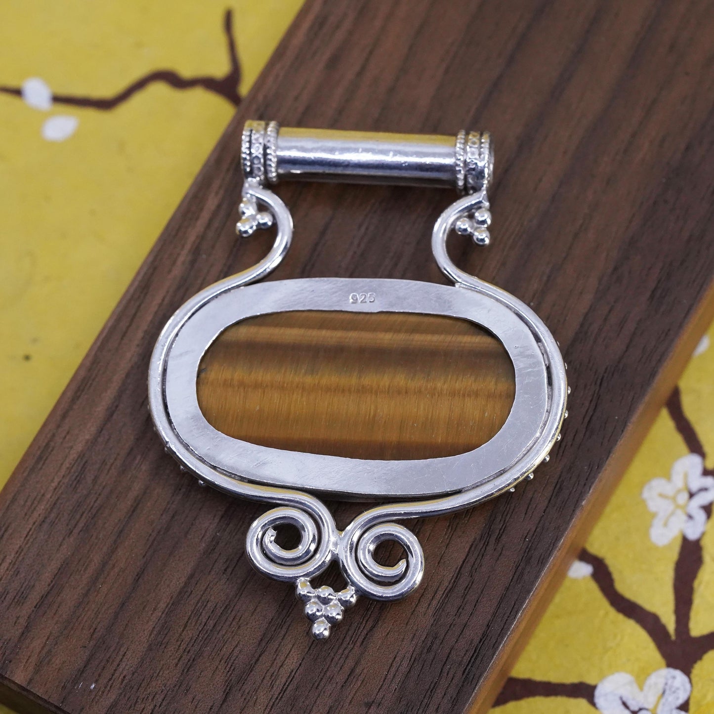 Vintage Sterling 925 silver handmade huge slide pendant golden tiger eye beads