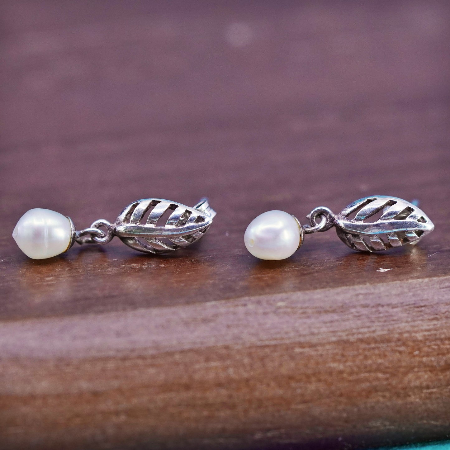 Vintage Sterling 925 silver handmade leafy earrings with pearl