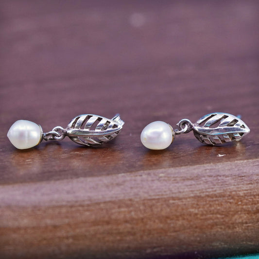 Vintage Sterling 925 silver handmade leafy earrings with pearl