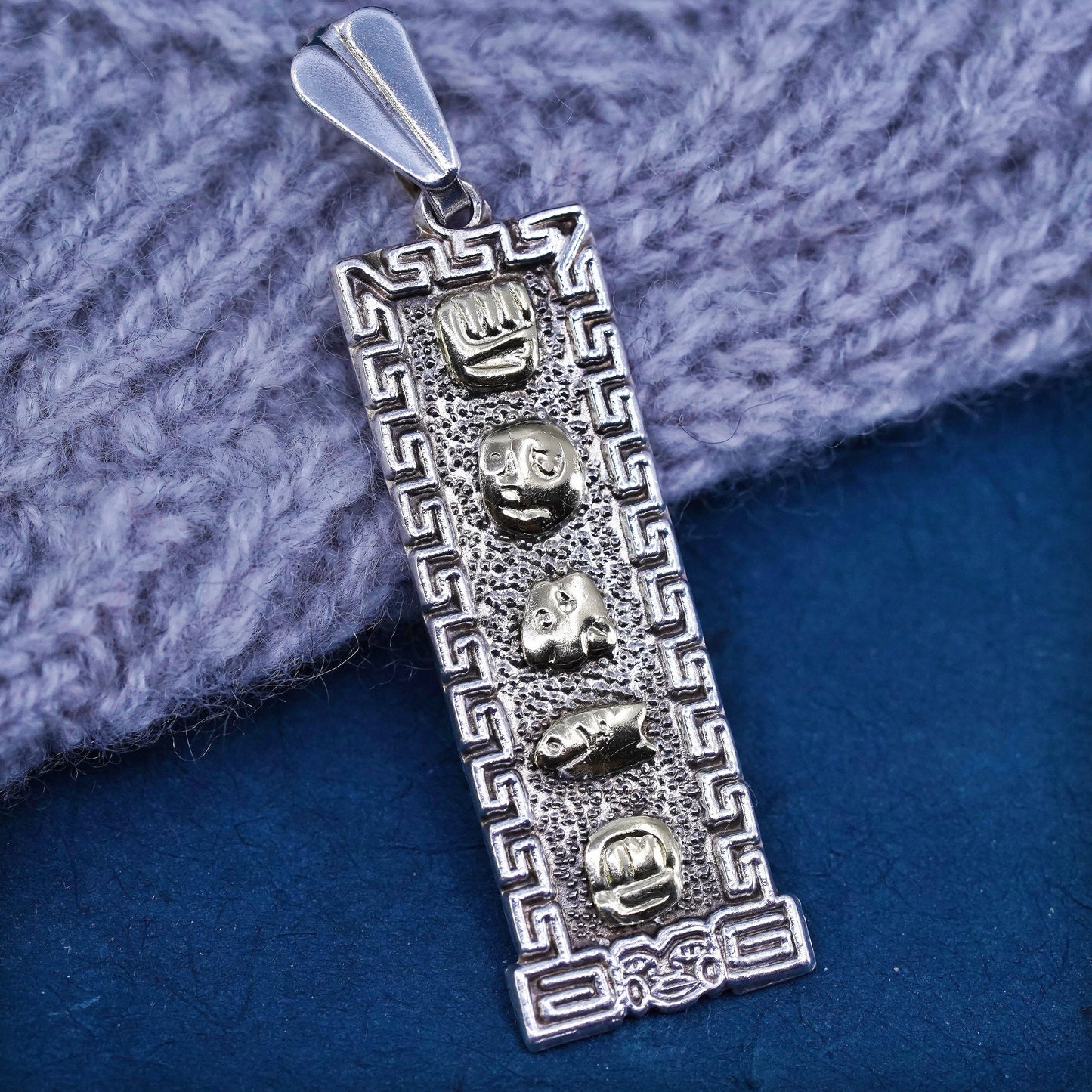 Vintage Oro Maya OM Sterling 925 Silver Two Tone Aztec Cartouche Pendant