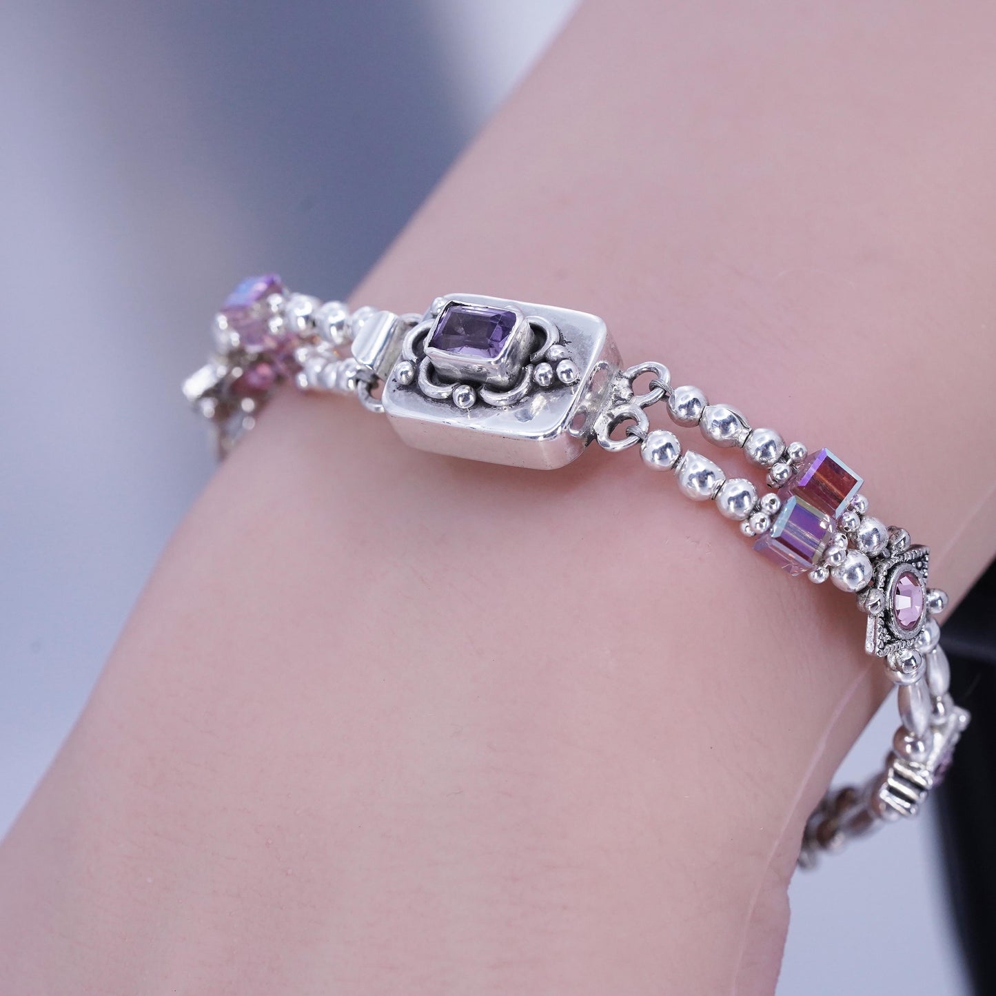 6.5”, Vintage Sterling 925 silver tennis bracelet chain with amethyst