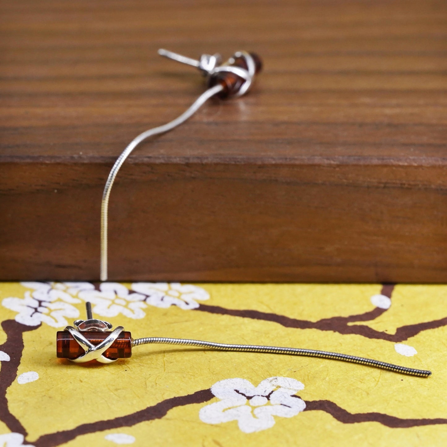 Vintage Sterling 925 silver handmade earrings with Amber and snake chain