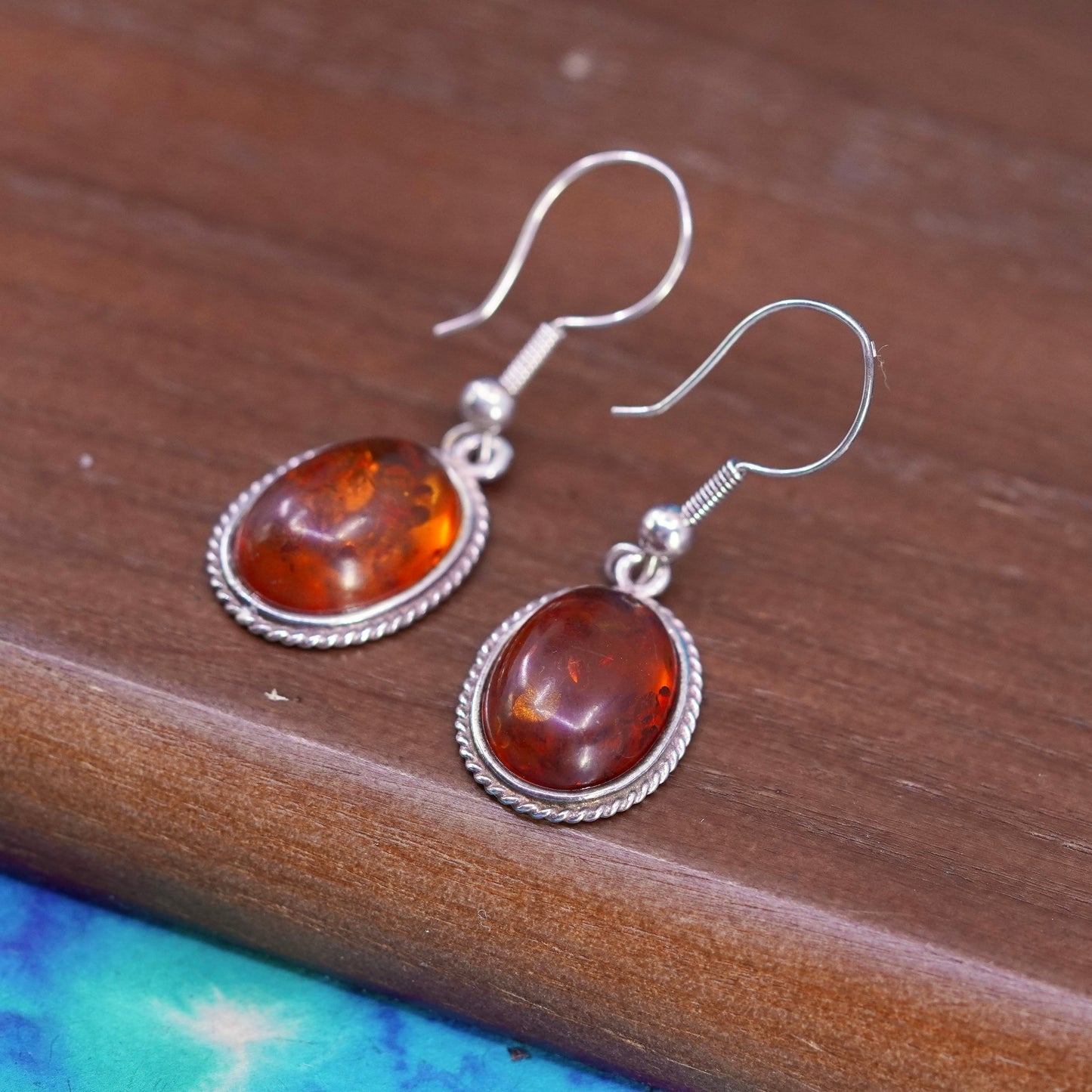 Vintage sterling 925 silver handmade earrings with oval amber