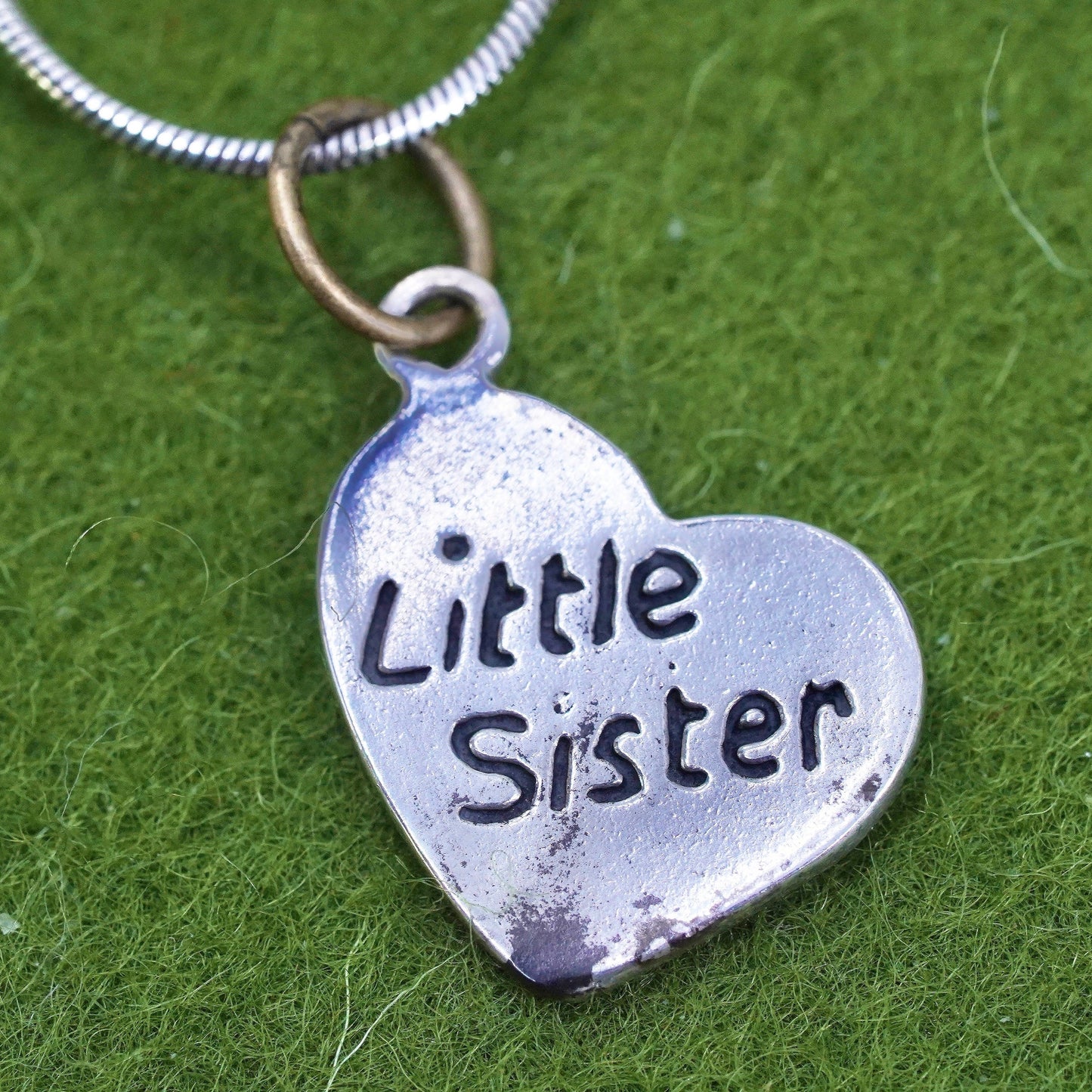 18”, 925 sterling silver circle chain w/ heart pendant embossed “little sister”