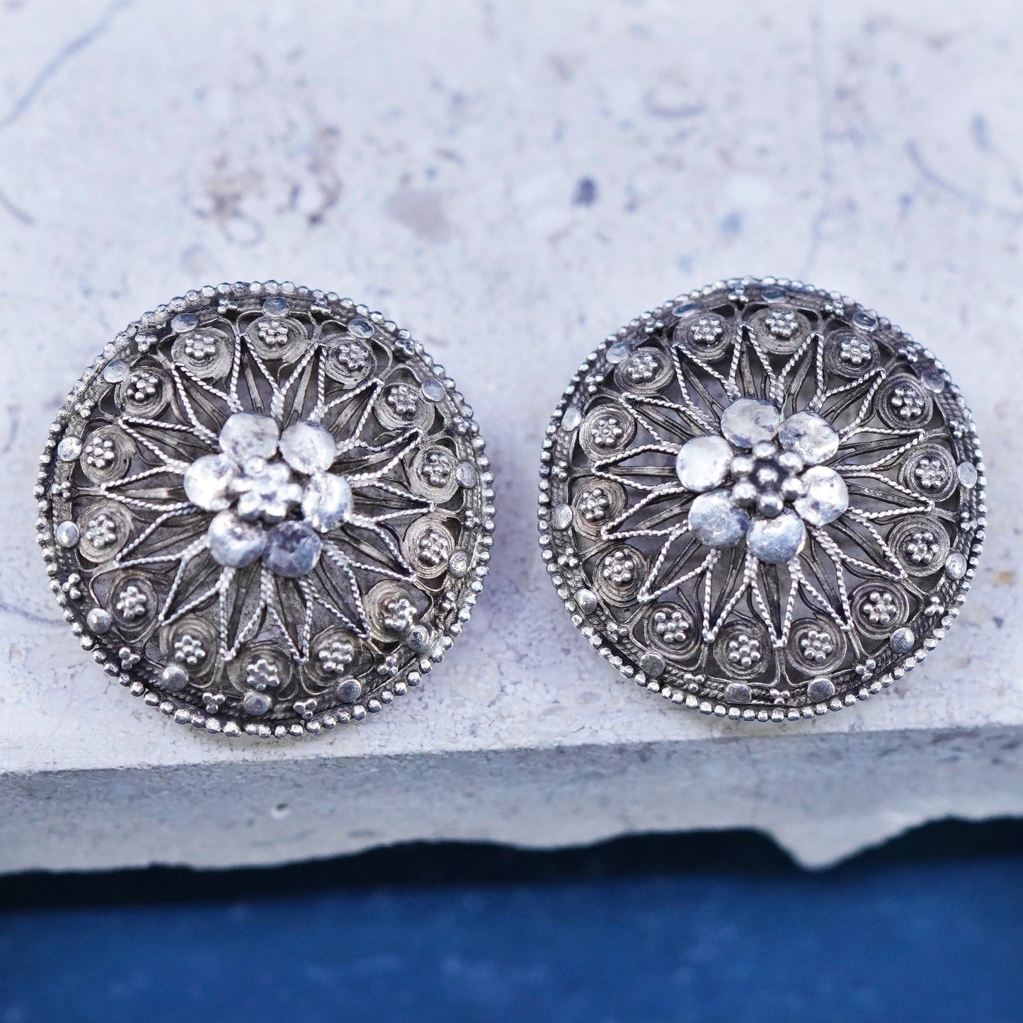HSN Germany Sterling silver handmade filigree earrings, 925 circle clip on