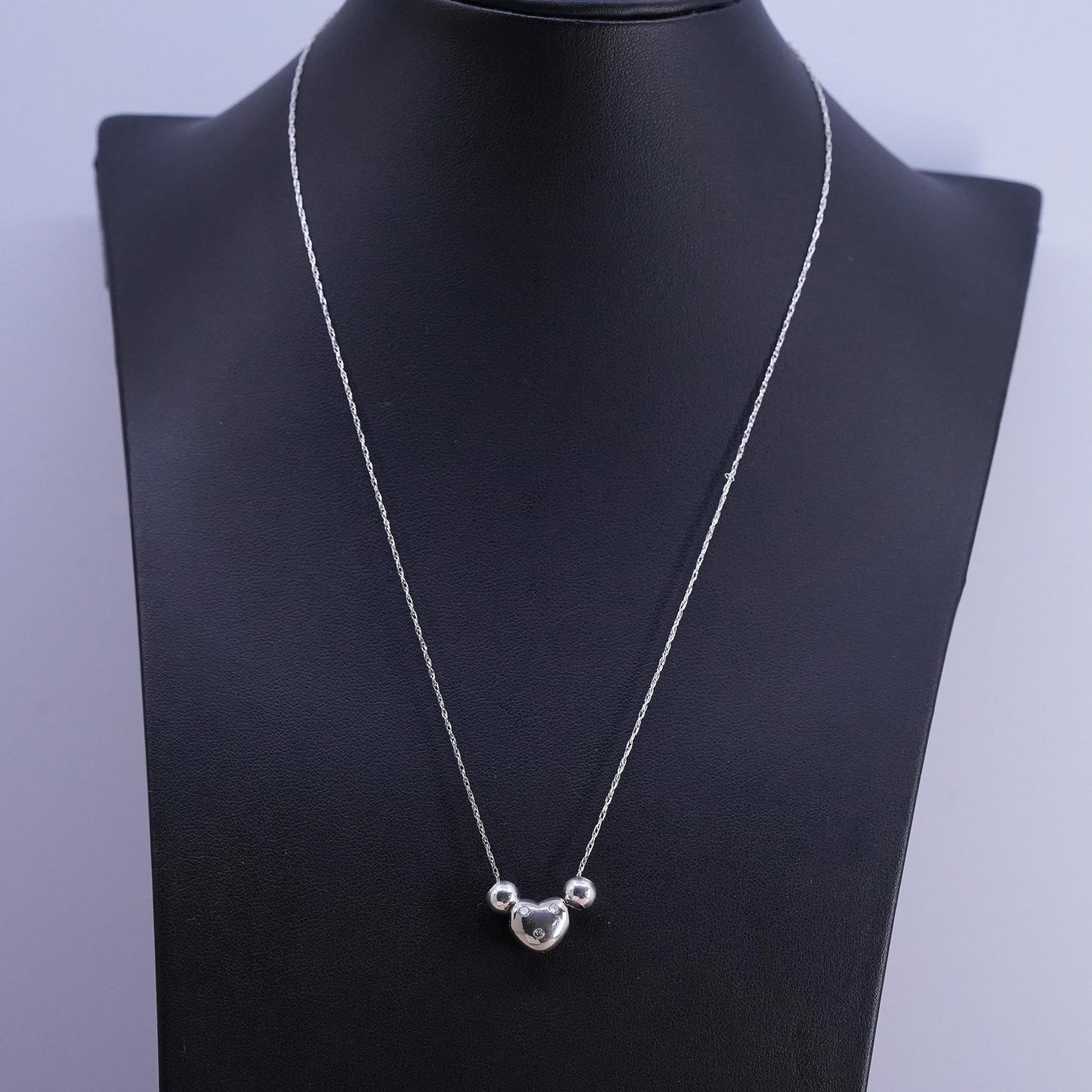 18" 1mm, vintage Sterling silver necklace, 925 Singapore chain heart cz pendant