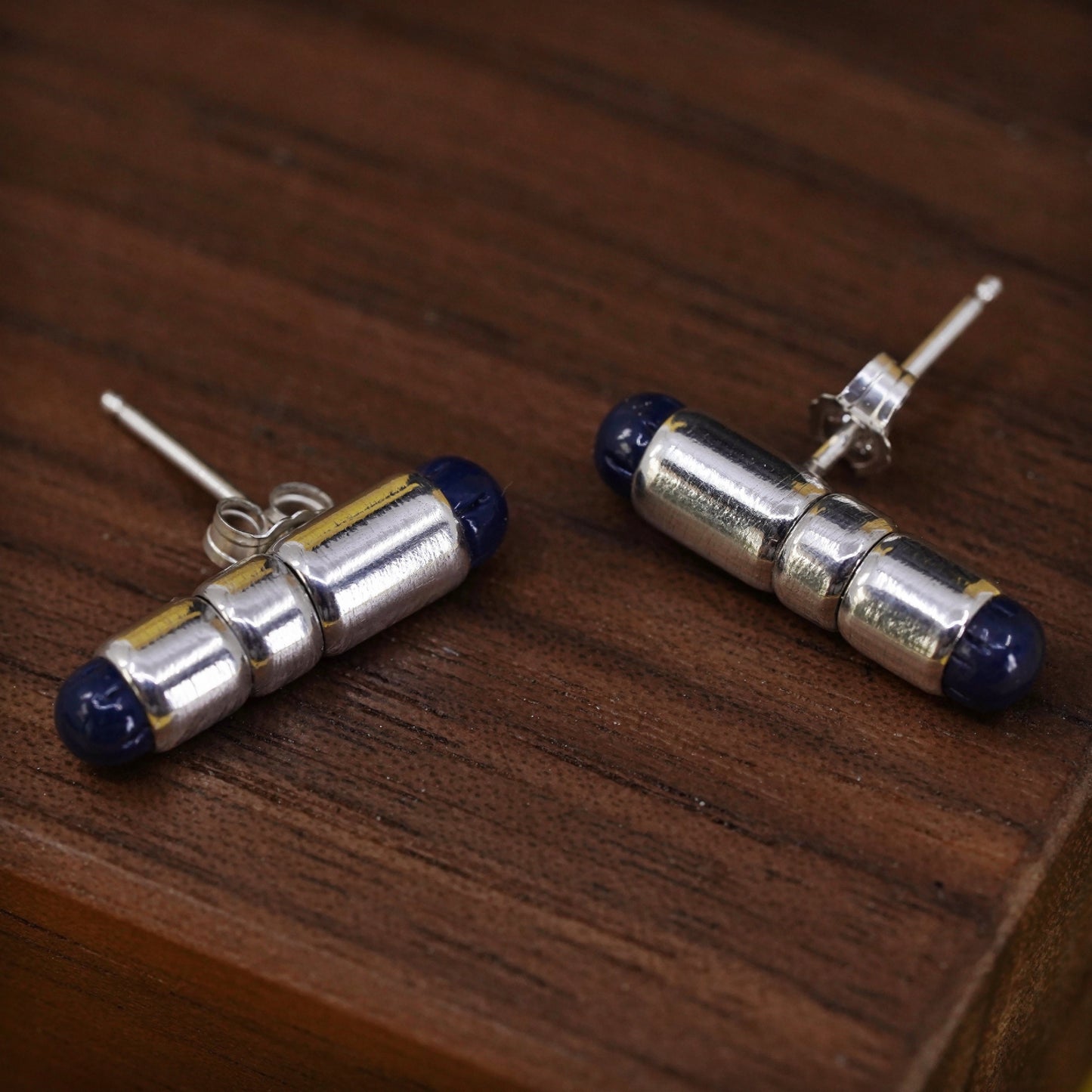 Vintage Sterling silver handmade earrings, Mexico 925 tube studs lapis lazuli