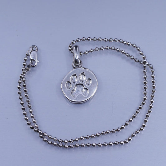16” 2mm, Sterling 925 silver bead chain necklace with tag embossed paw print