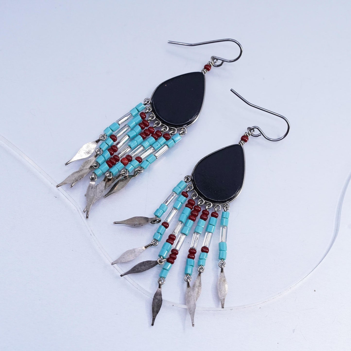Vintage southwestern Sterling 925 silver teardrop earrings with fringe dangles