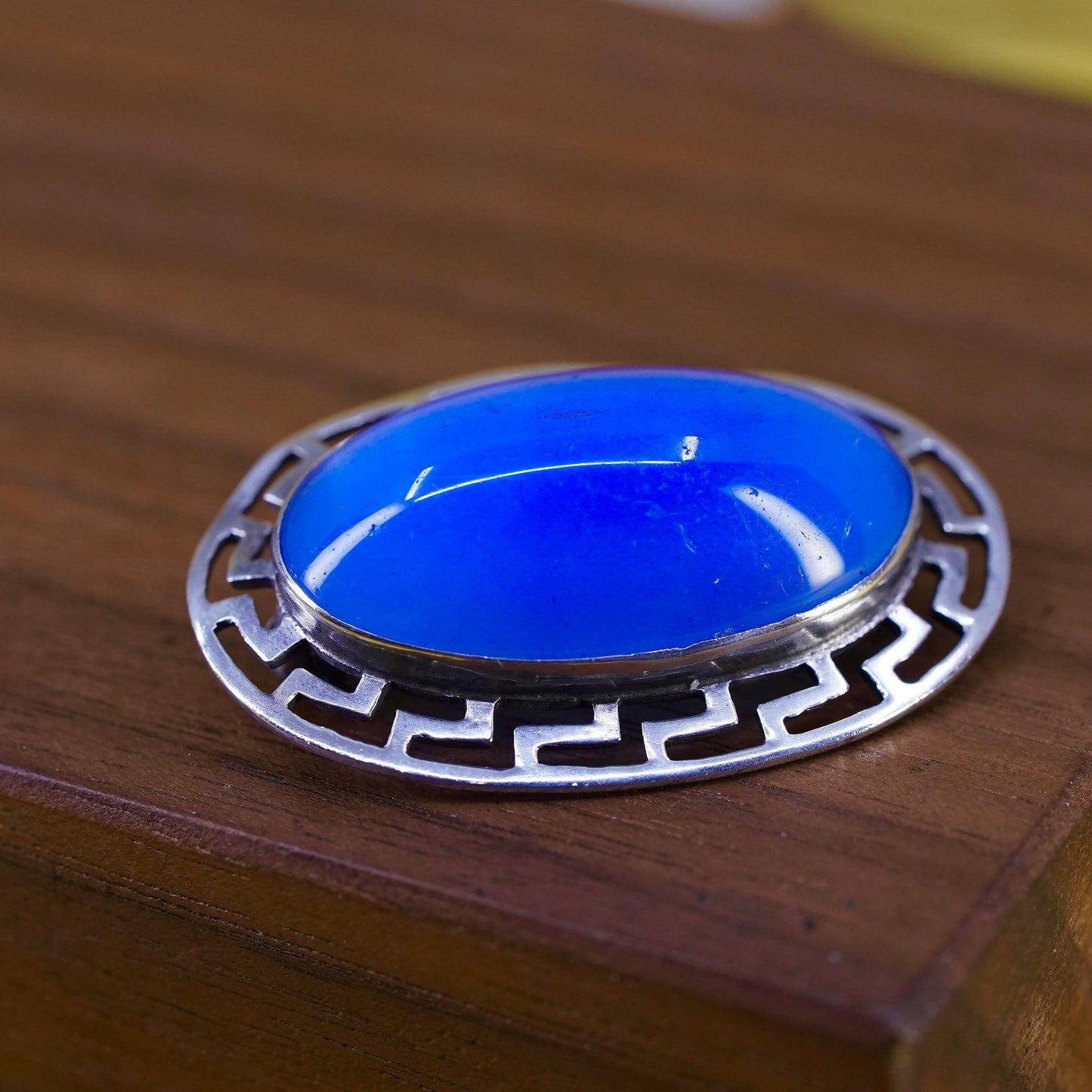 VTG Sterling 925 silver Blue Glass Cabochon Brooch, Frame, Art Deco Style Pin