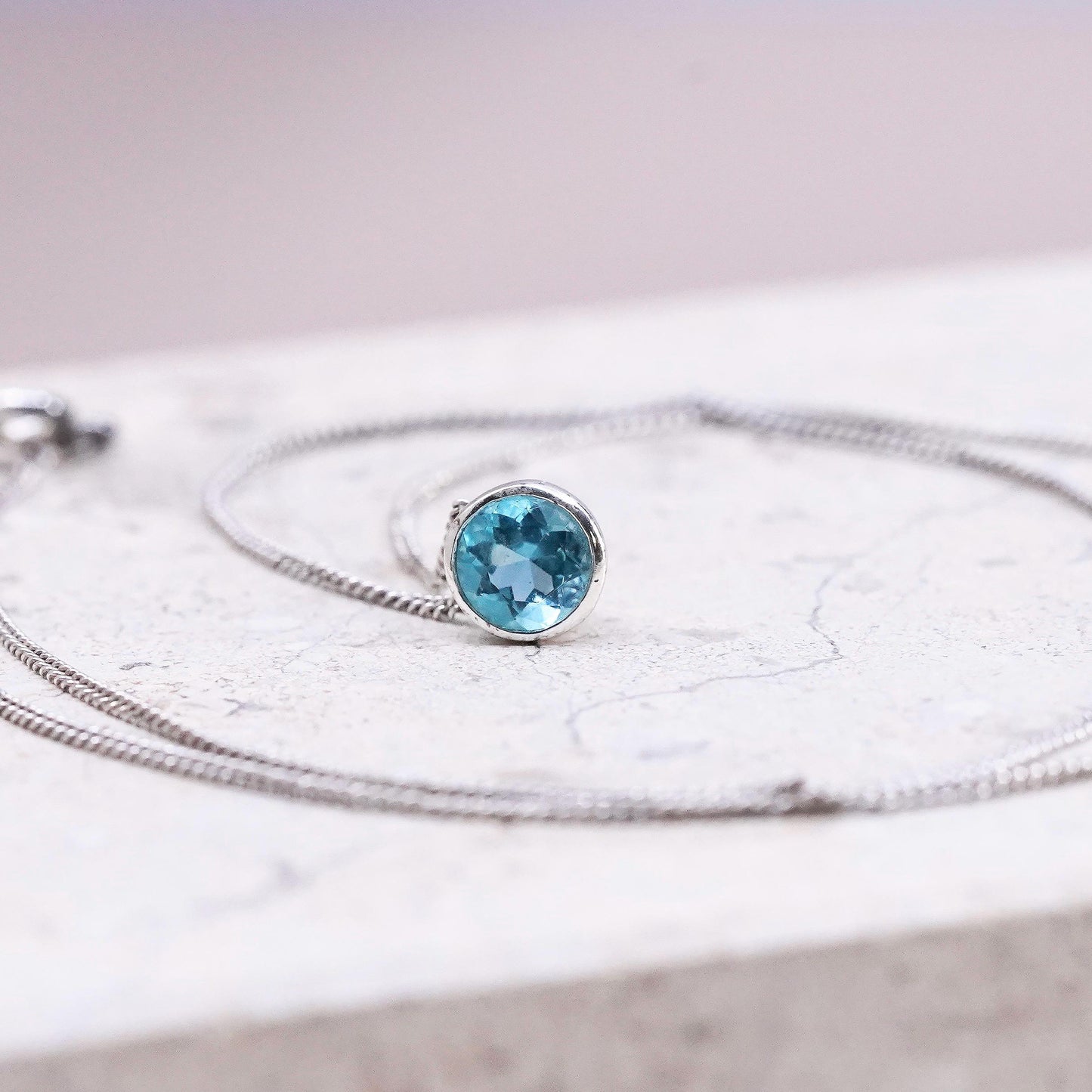 18”, vintage Sterling silver handmade necklace, 925 curb chain blue cz pendant