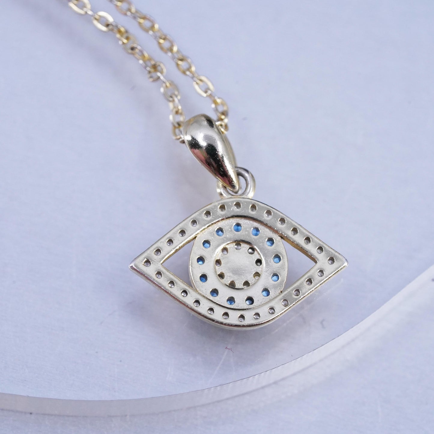 16+2", vermeil gold Sterling 925 silver circle necklace cz evil eye pendant